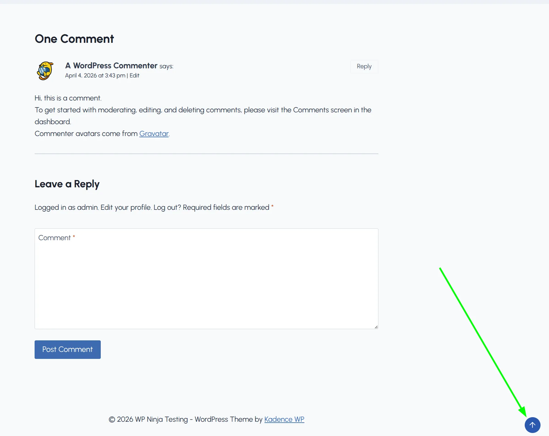 Kadence back to top button on a blog post showing circular filled design in bottom-right corner