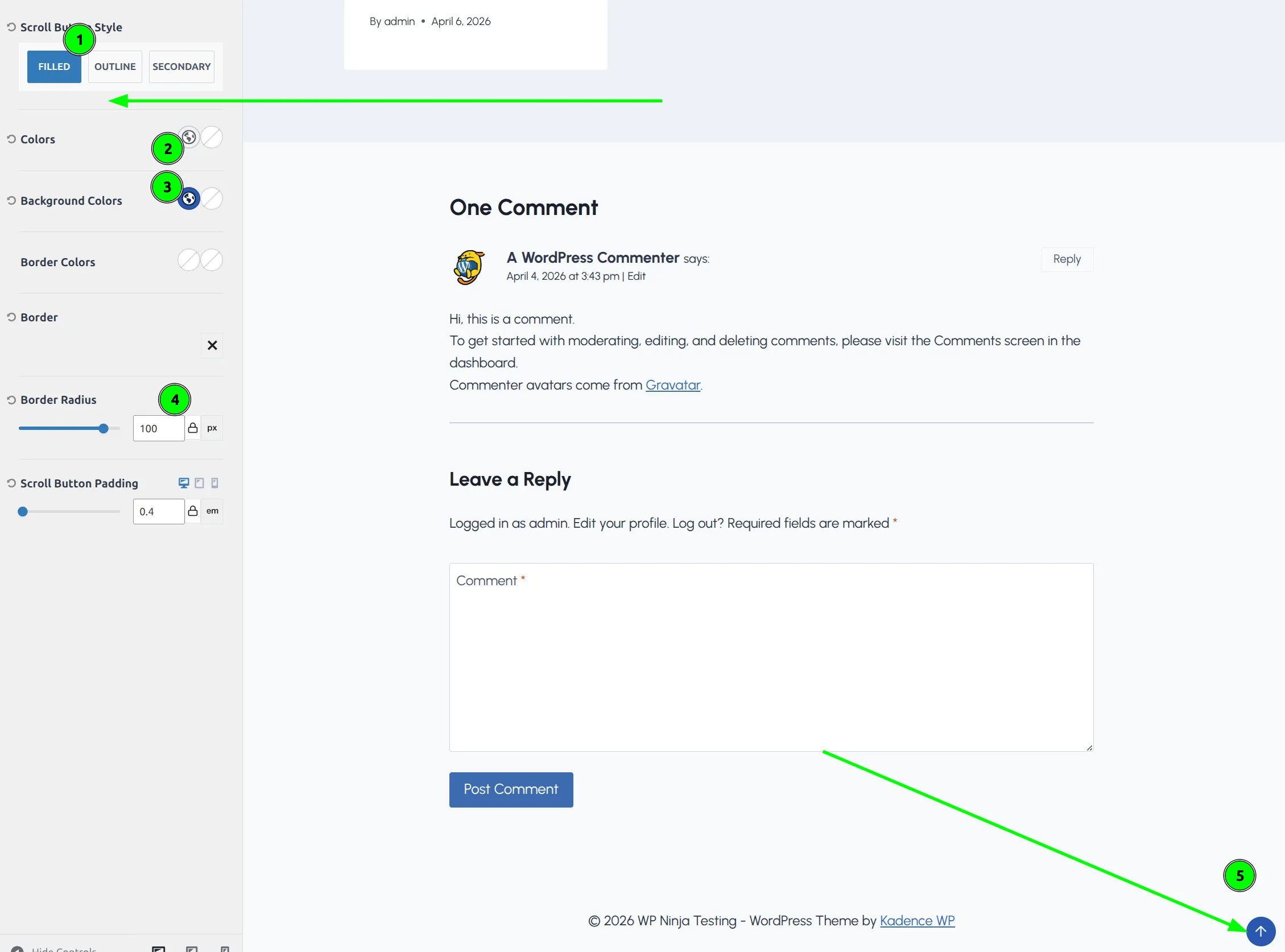 Kadence scroll to top button design settings with filled style and circular border radius