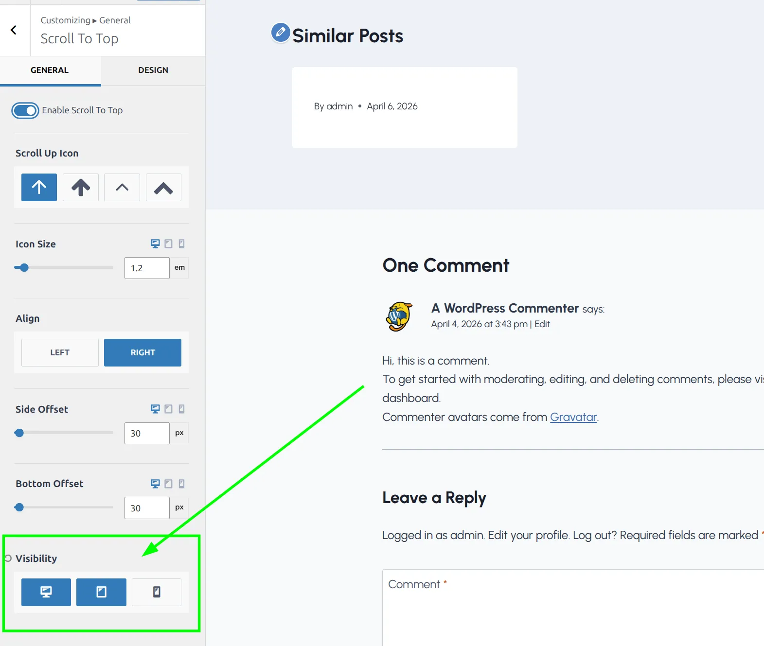 Kadence scroll to top button visibility settings with desktop and tablet enabled