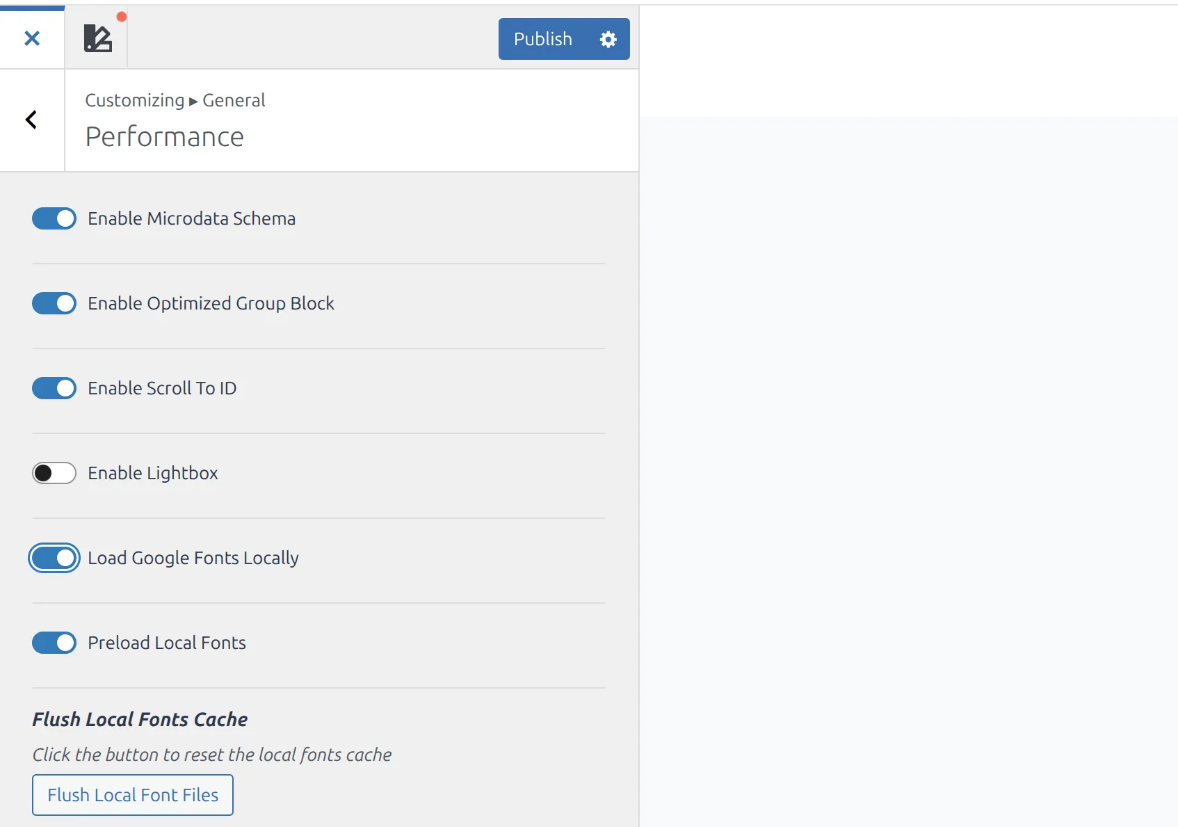 Kadence Customizer Performance panel with Load Google Fonts Locally toggle enabled
