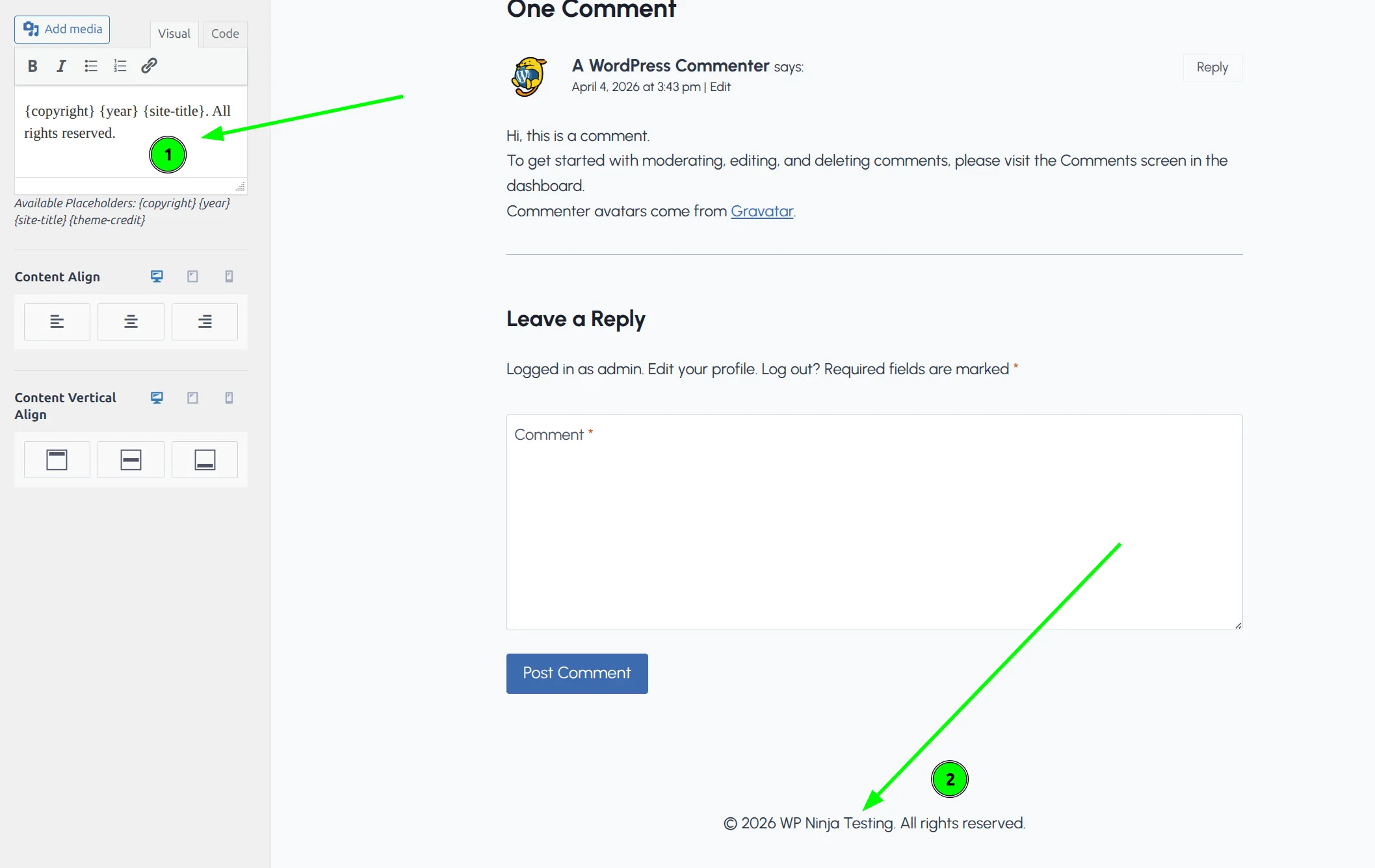 Kadence footer copyright editor with custom text and live preview showing result