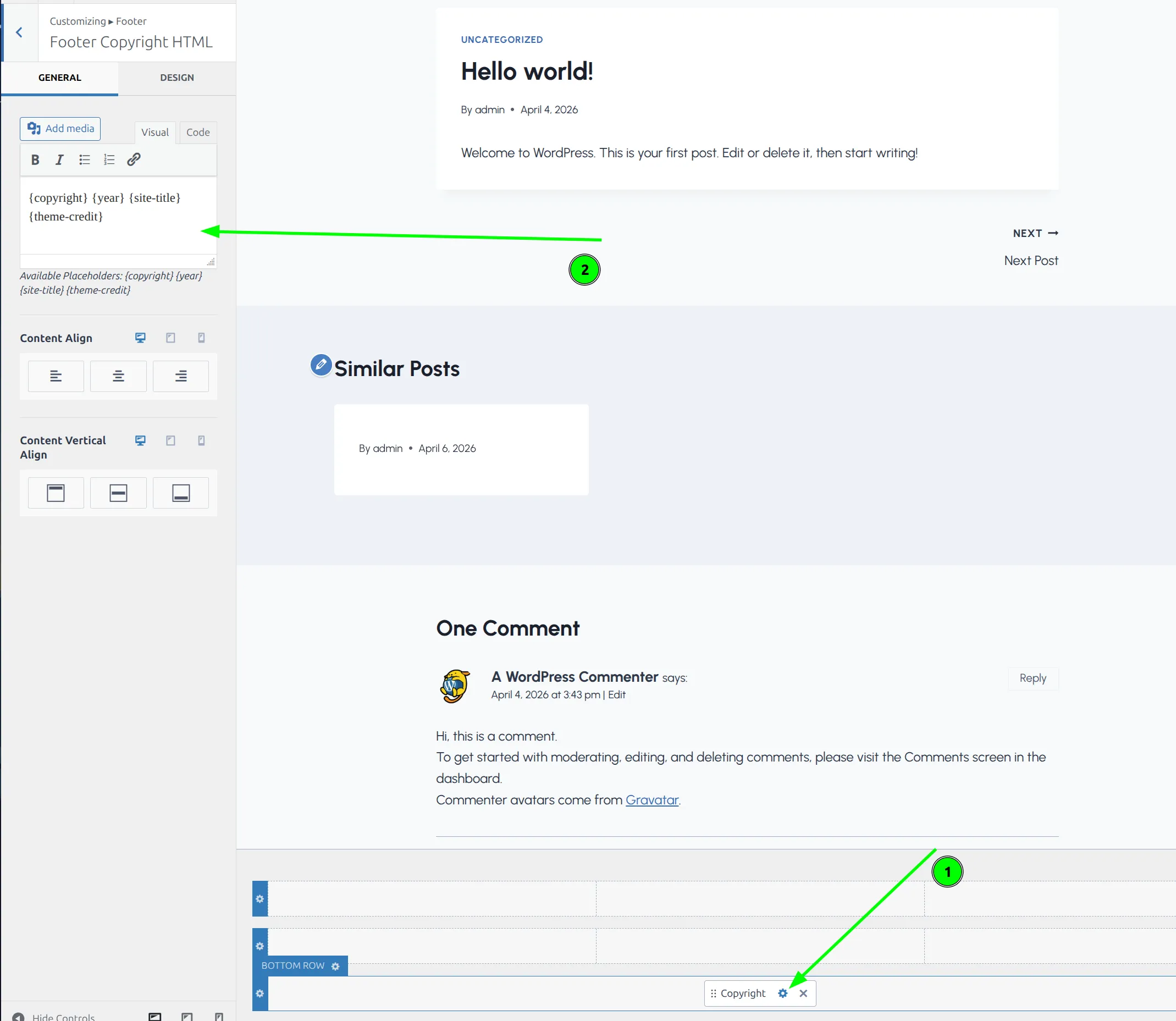 Kadence footer builder in Customizer with HTML copyright element and dynamic tags