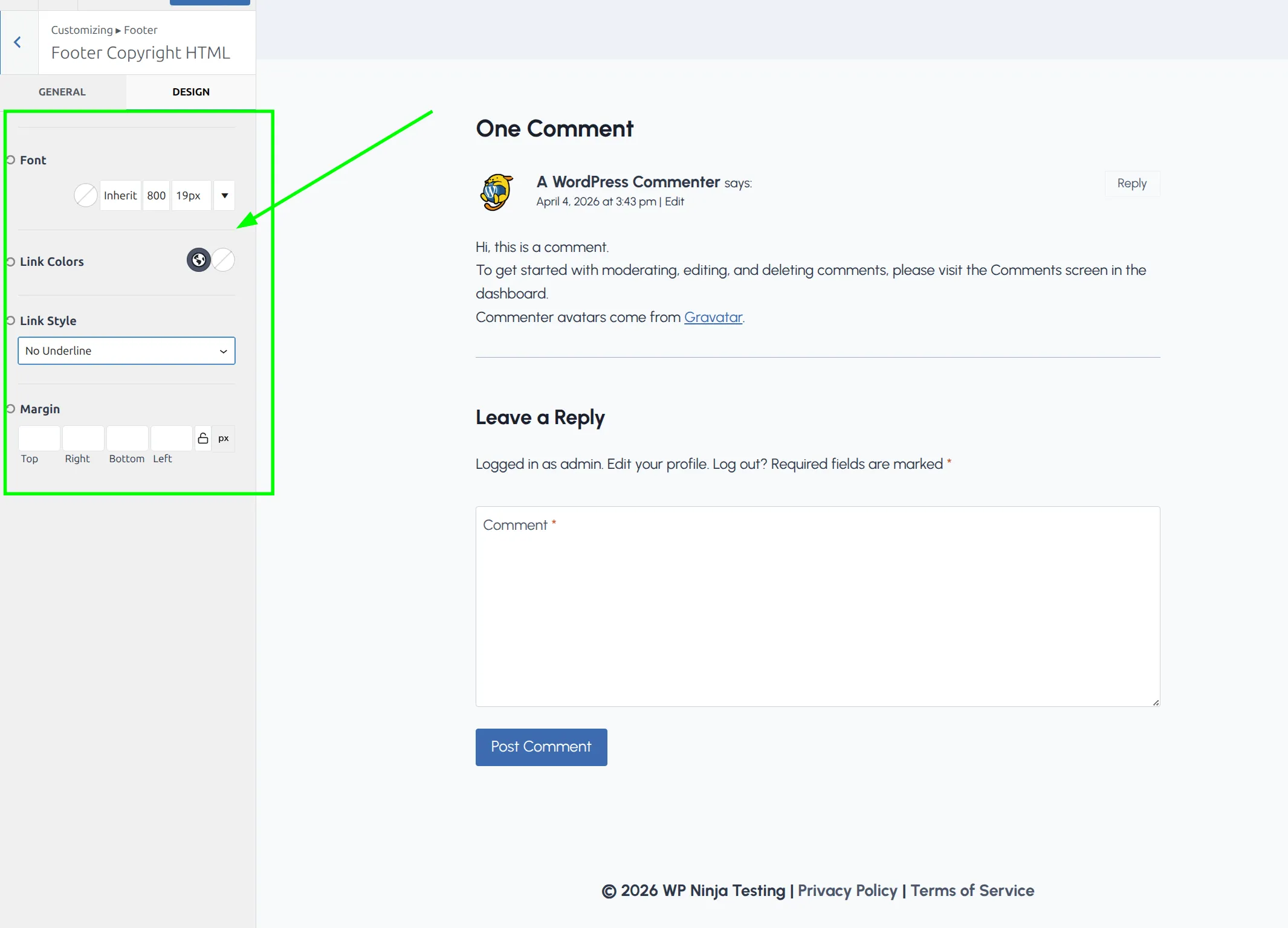 Kadence footer copyright design tab with font color and alignment settings