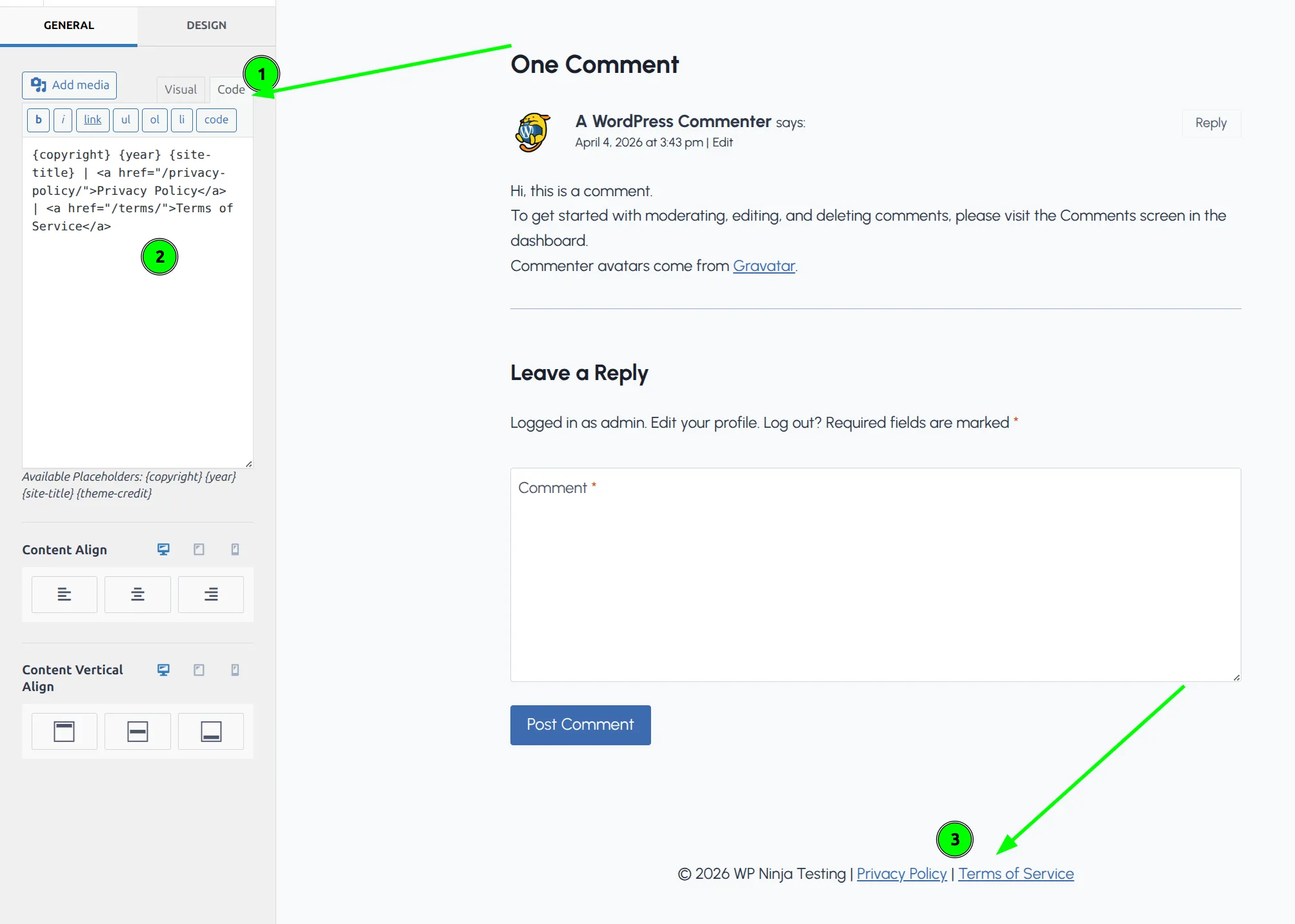 Kadence footer copyright editor with HTML privacy policy and terms links