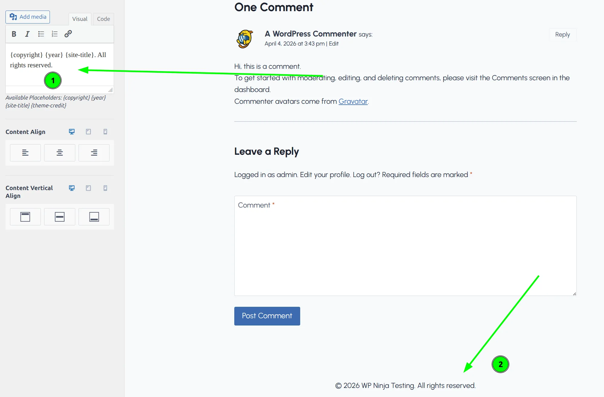 Kadence footer after removing theme credit text showing clean copyright