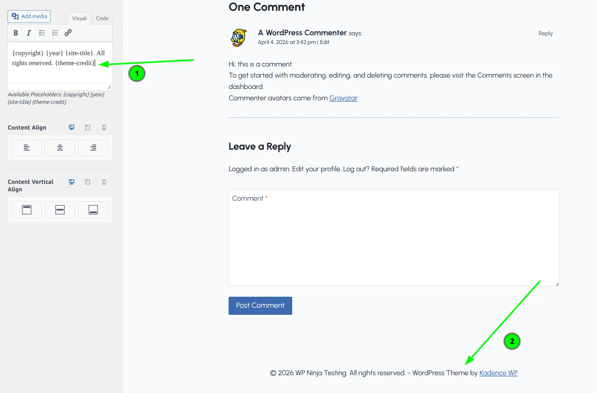 Kadence footer with WordPress Theme by Kadence WP credit text