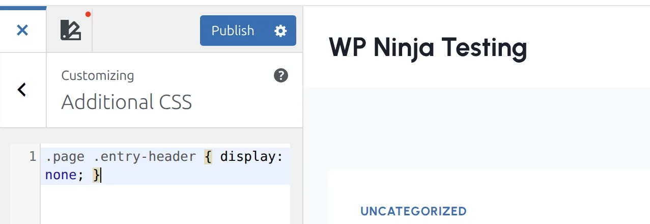 WordPress Additional CSS panel with CSS code to hide page title in Kadence