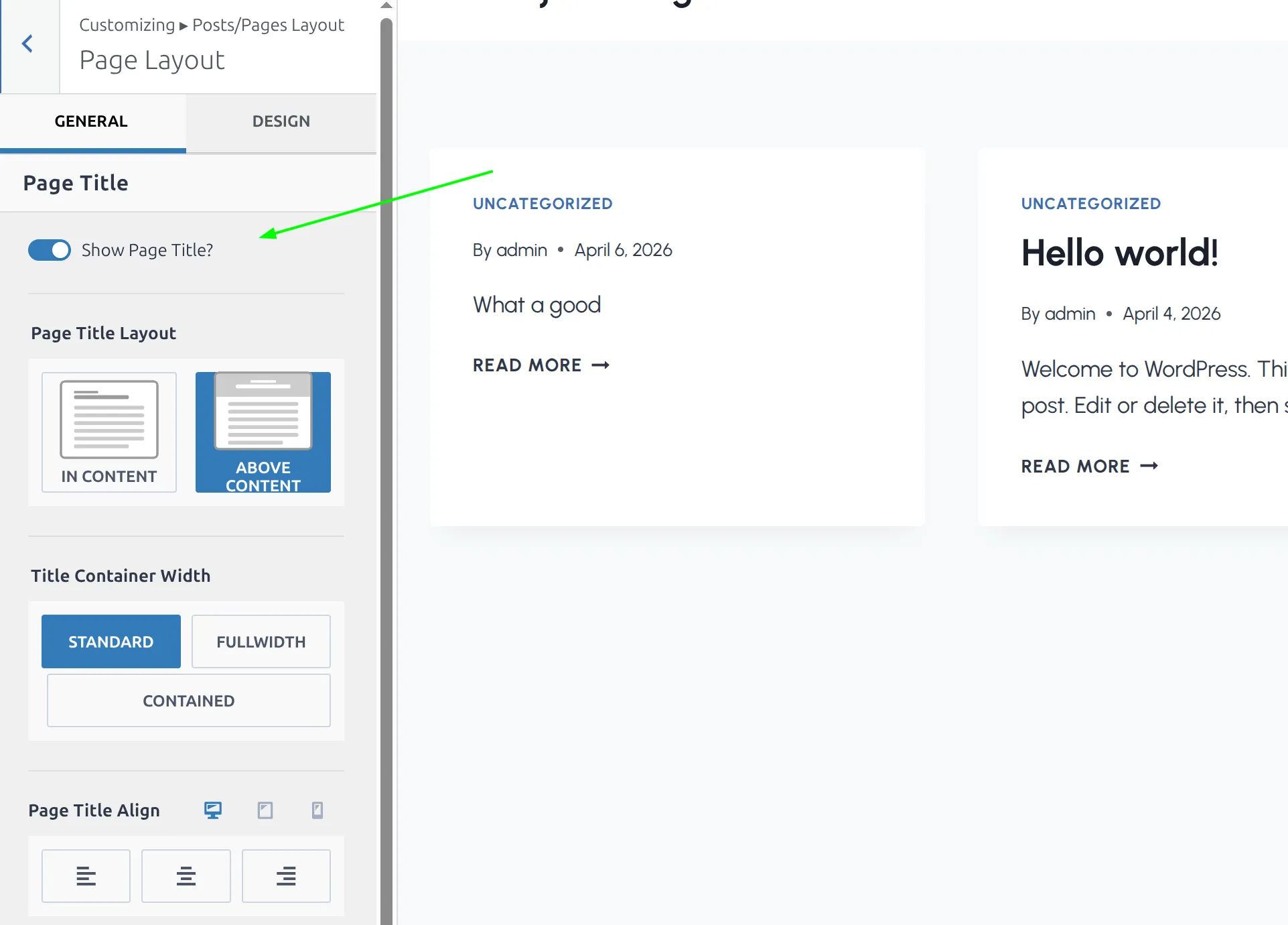 Kadence Customizer page layout settings with Show Page Title toggled off