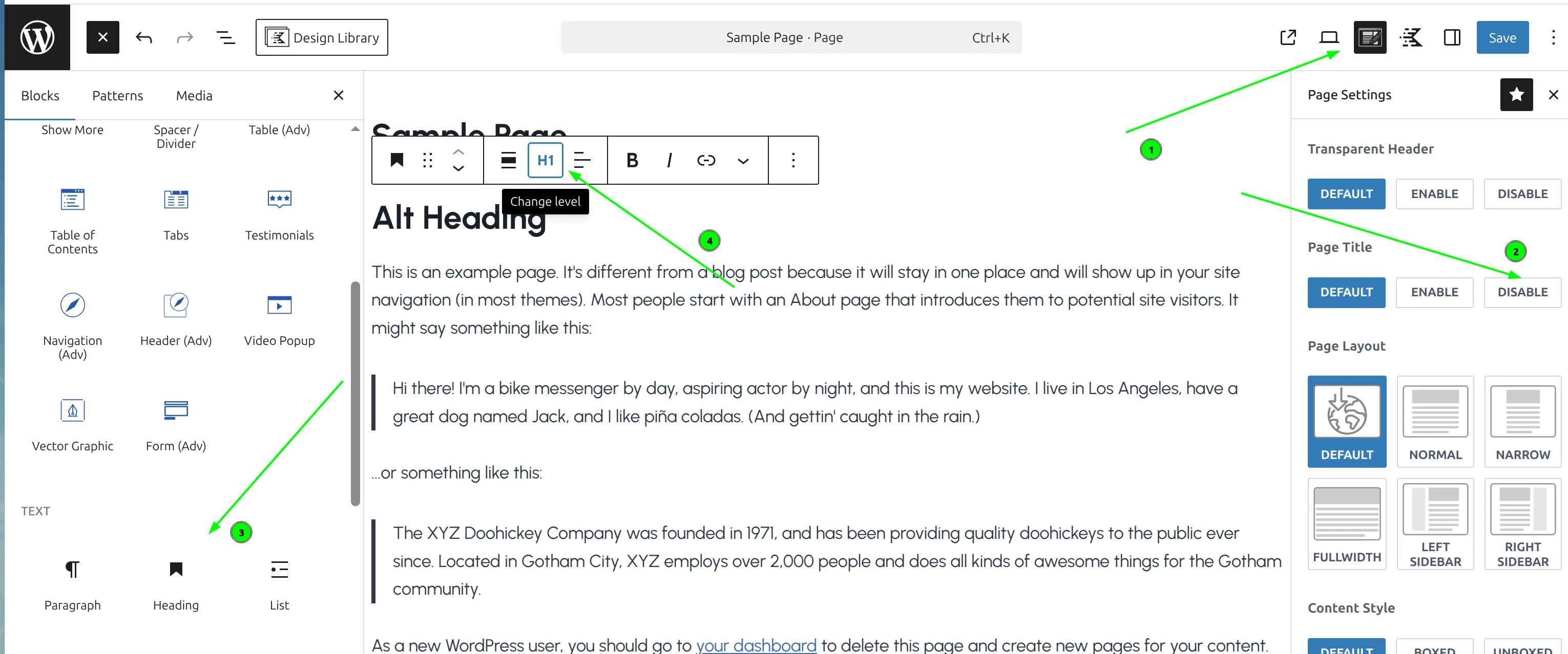 WordPress block editor with H1 Heading block added after hiding the page title