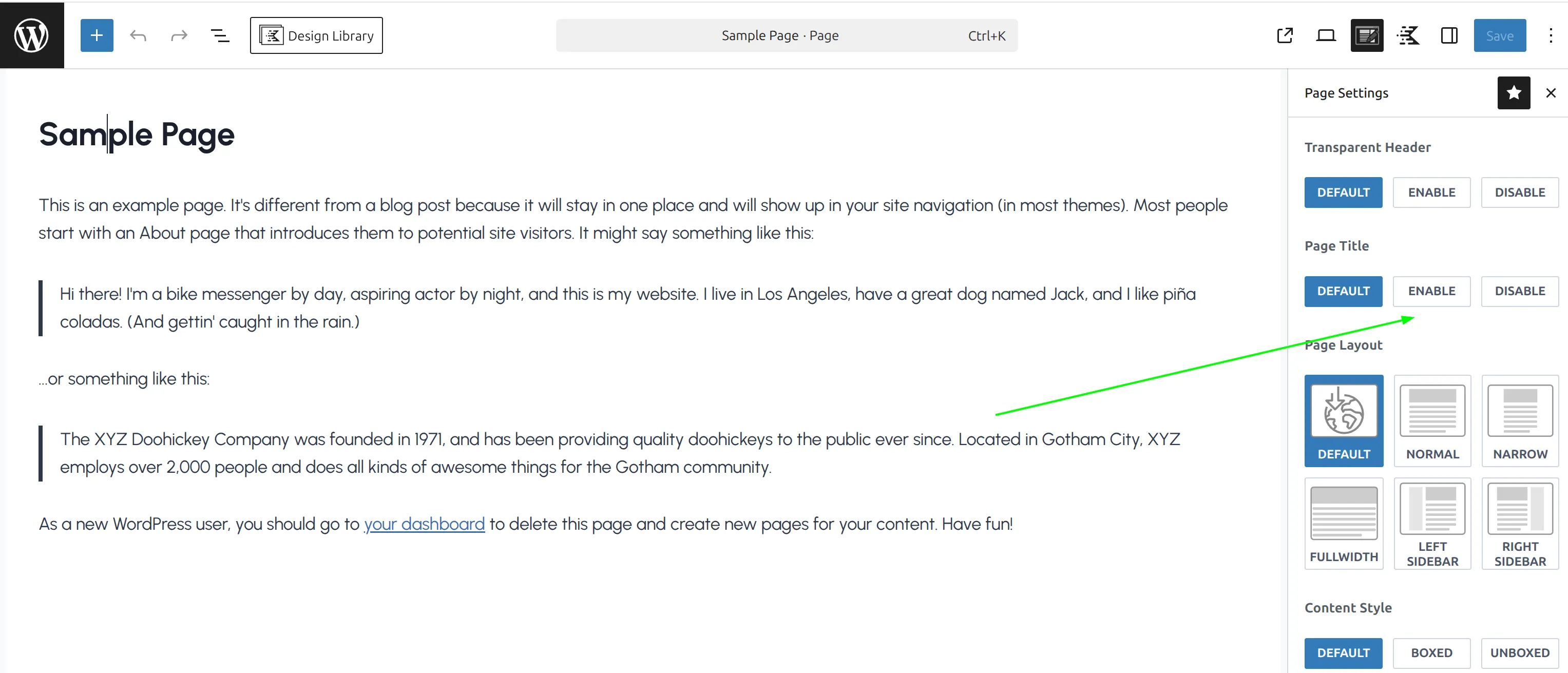 Kadence Page Settings panel with the hide page title toggle set to Disable
