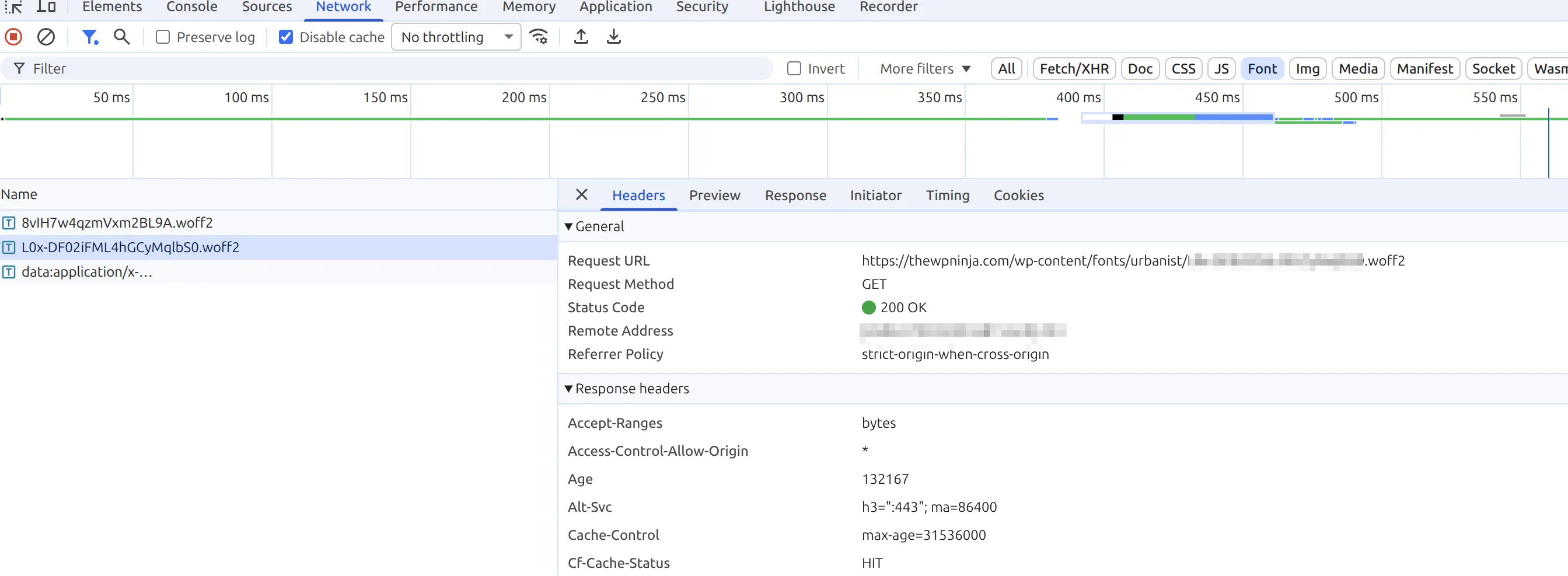 Chrome DevTools Network tab showing font requests served from local domain