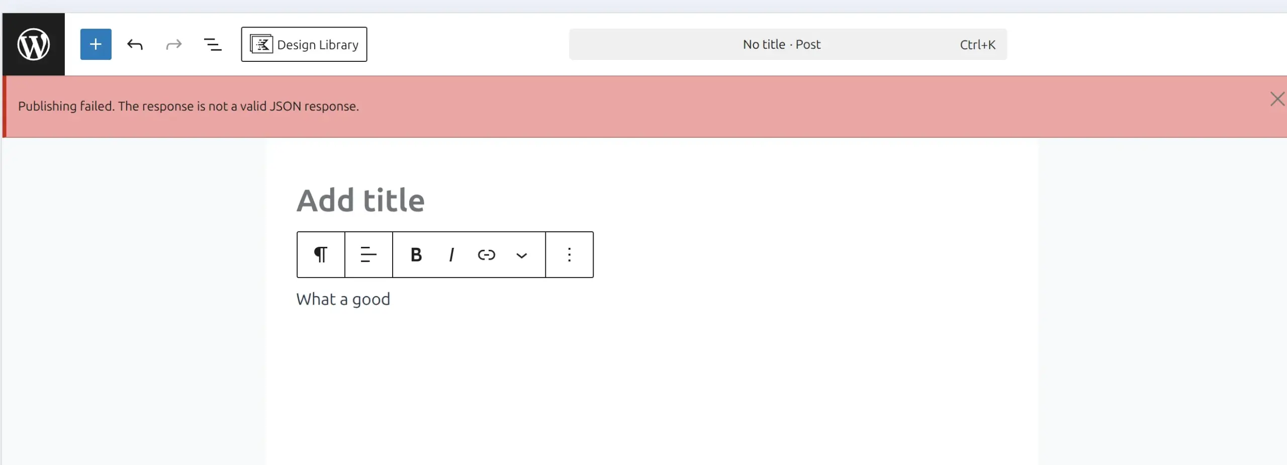 Kadence JSON error message showing Not a valid JSON response in the WordPress block editor