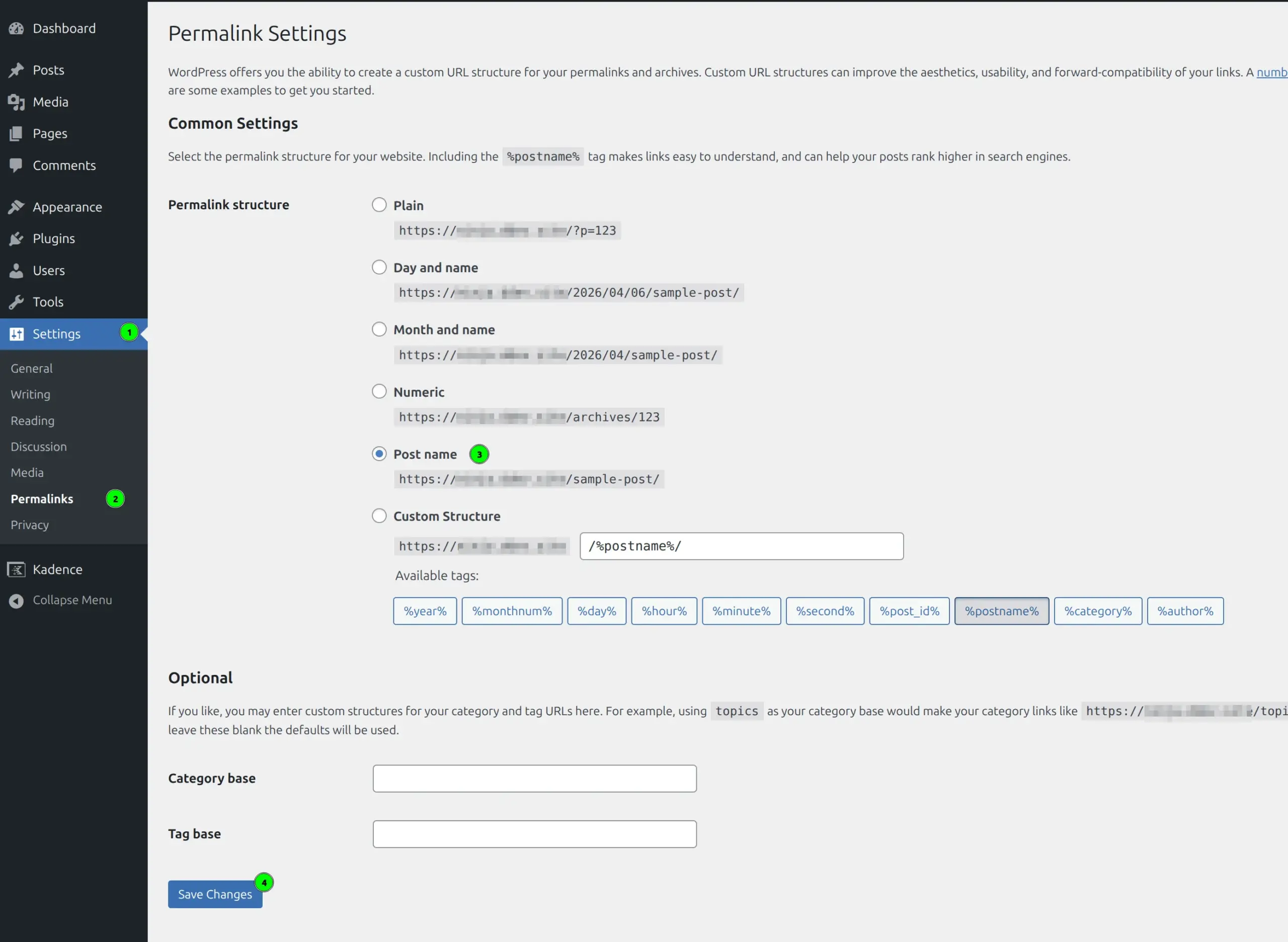 WordPress Settings Permalinks page with Save Changes button highlighted
