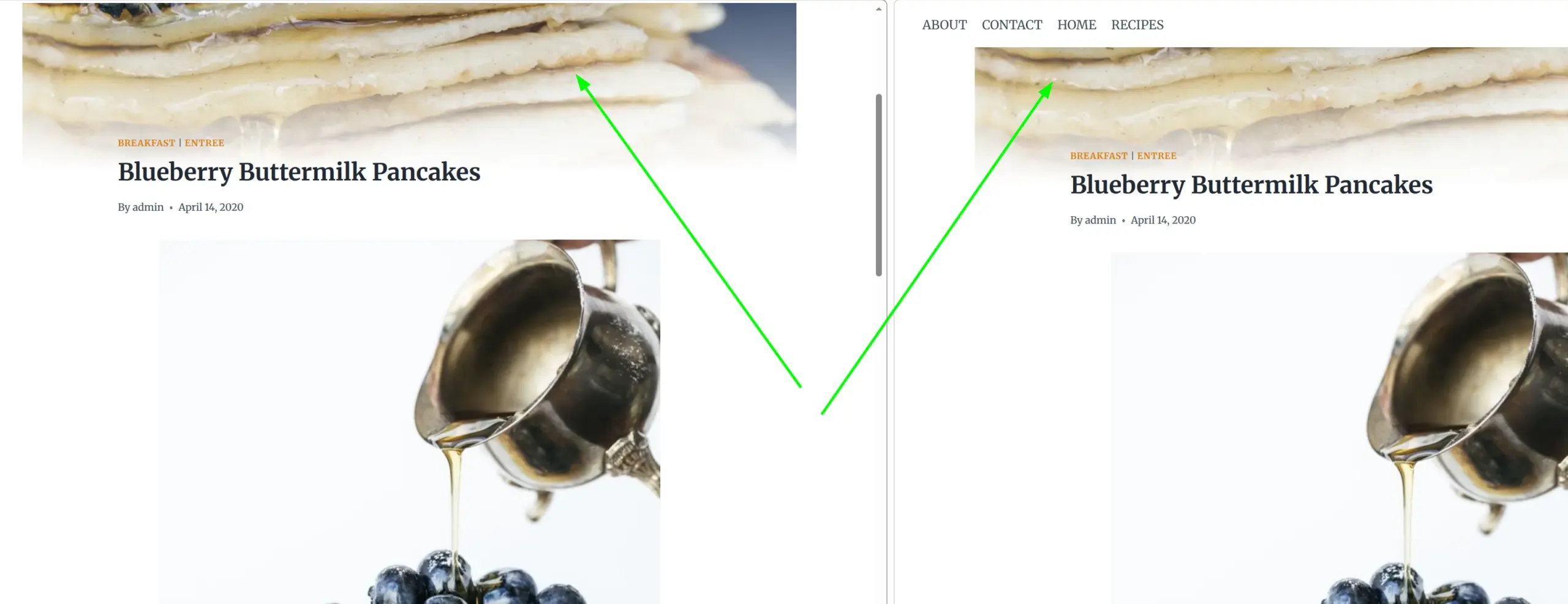 Side-by-side comparison of a page scrolled with sticky header disabled on the left and sticky header enabled showing the navigation menu at top on the right