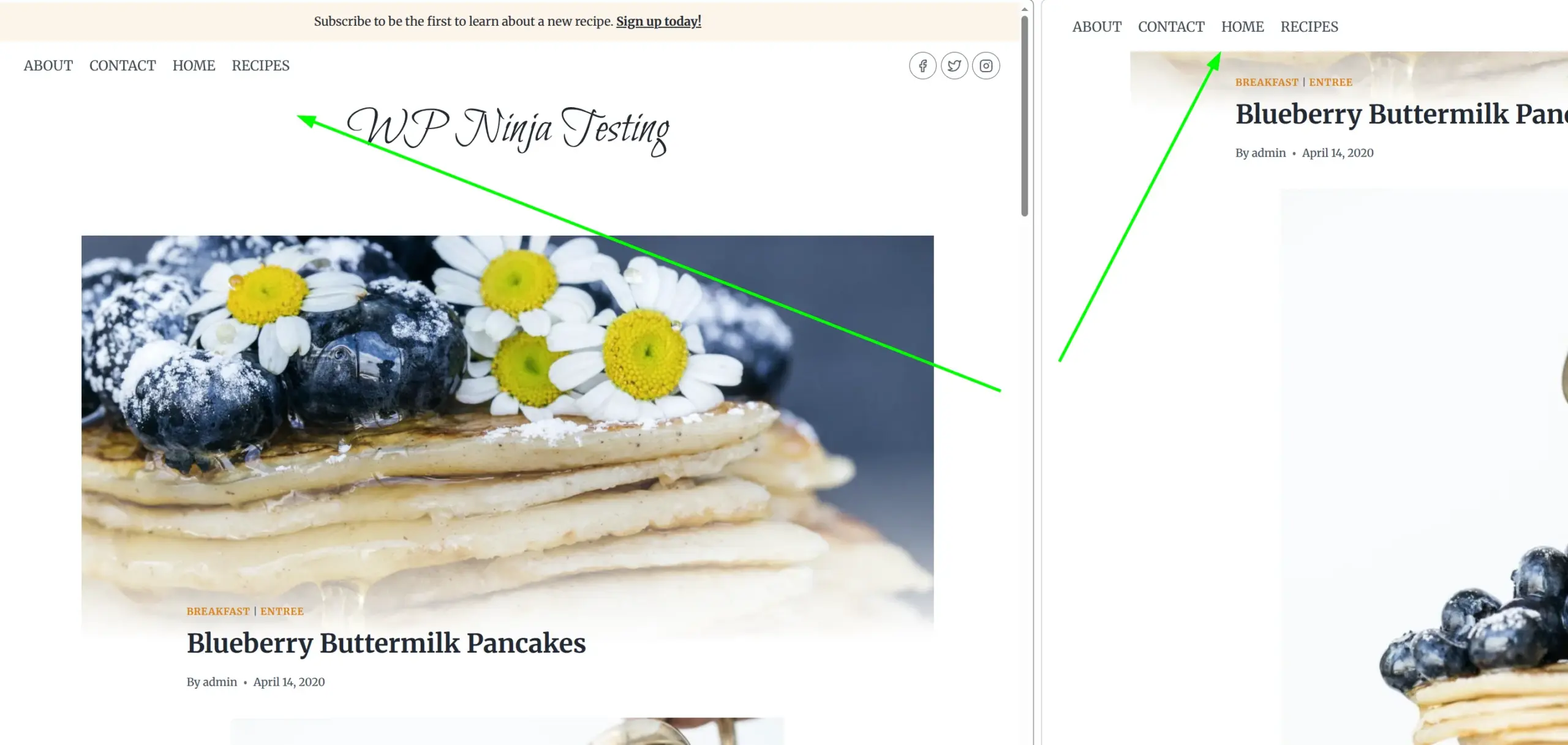 Kadence sticky header shrink effect comparing the full-size header at the top of the page with the shrunk sticky version after scrolling