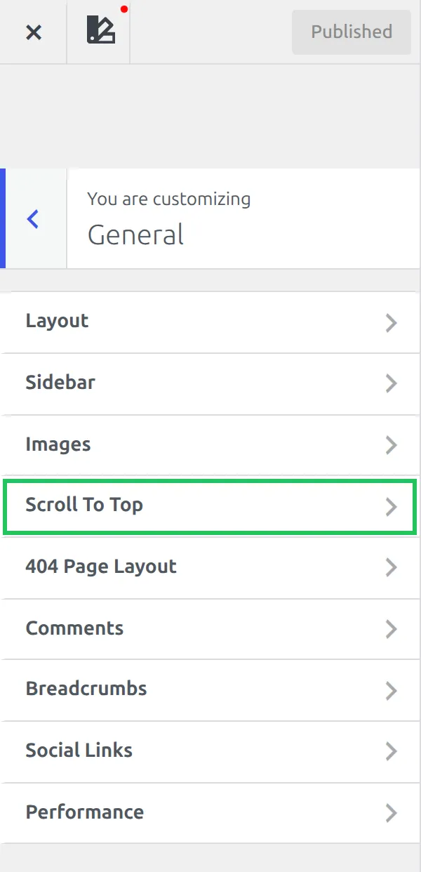 The Kadence General panel in the Customizer with the Scroll To Top section highlighted in the list