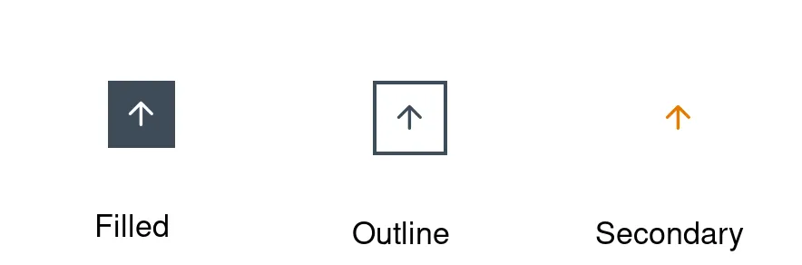 The three Kadence scroll to top styles side by side - Filled as a dark square with a white arrow, Outline as a bordered square, and Secondary as a bare orange arrow