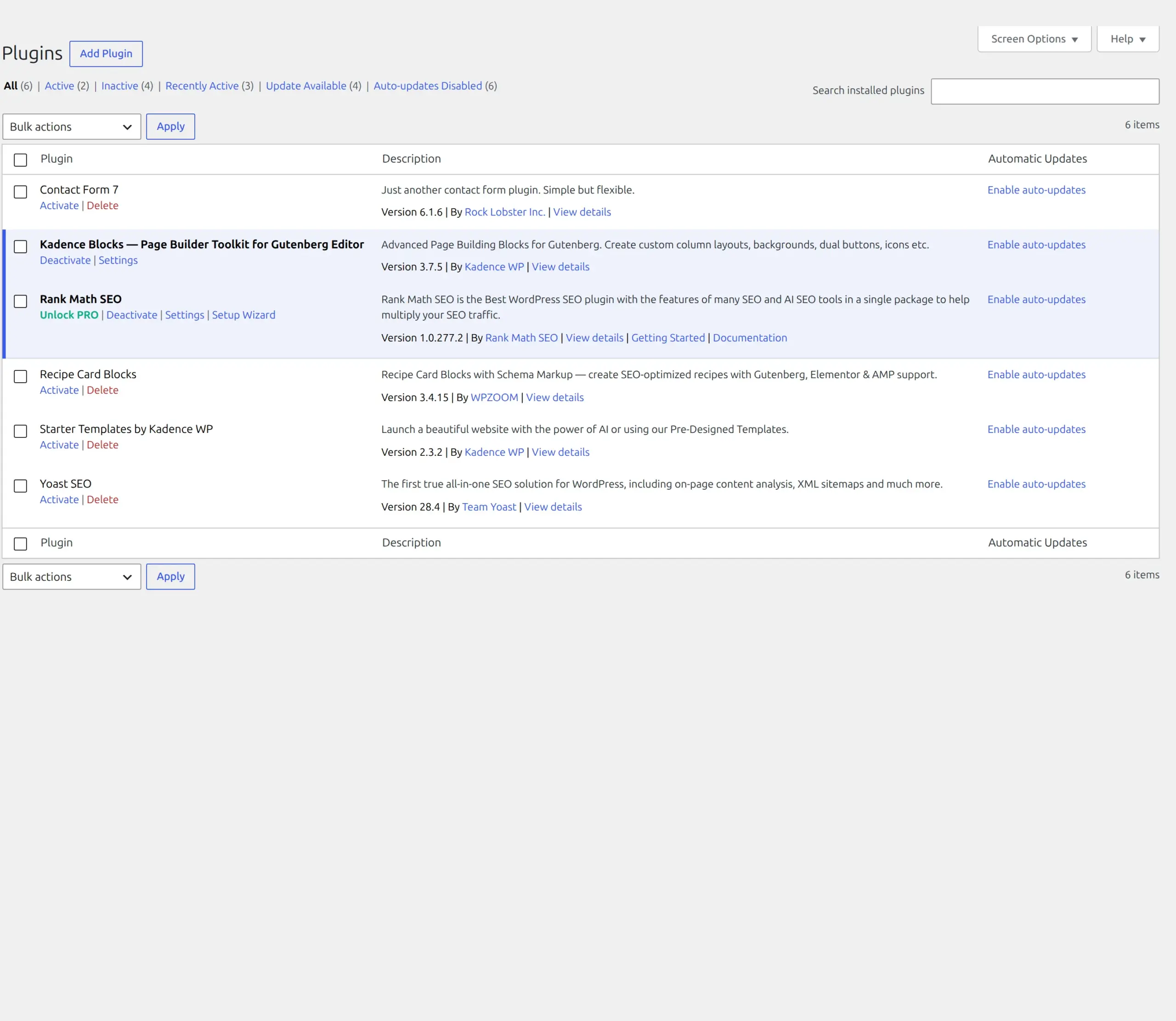 Rank Math 1.0.277.2 and Yoast SEO 28.4 installed on a WordPress test site