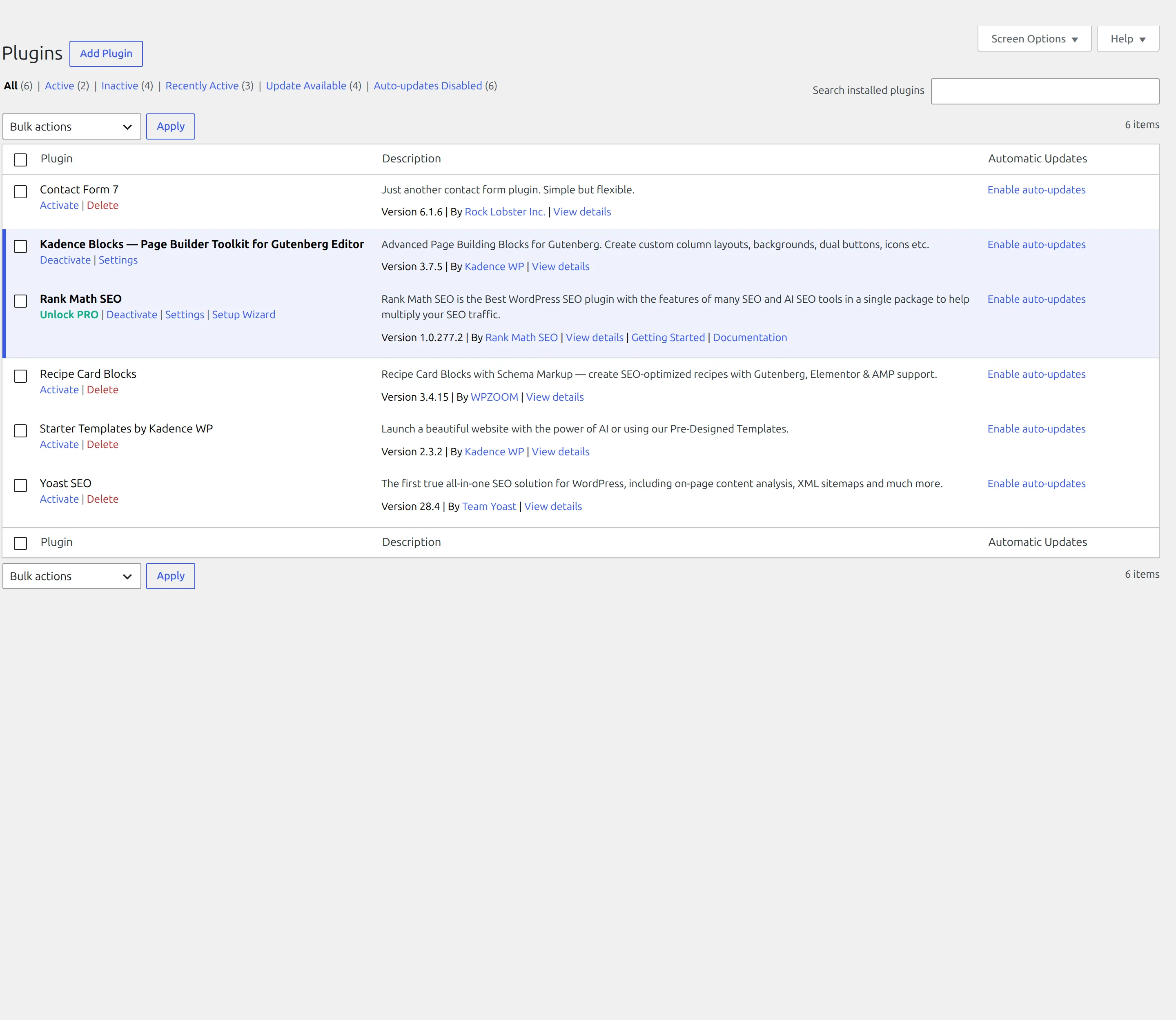 Rank Math 1.0.277.2 and Yoast SEO 28.4 installed on a WordPress test site