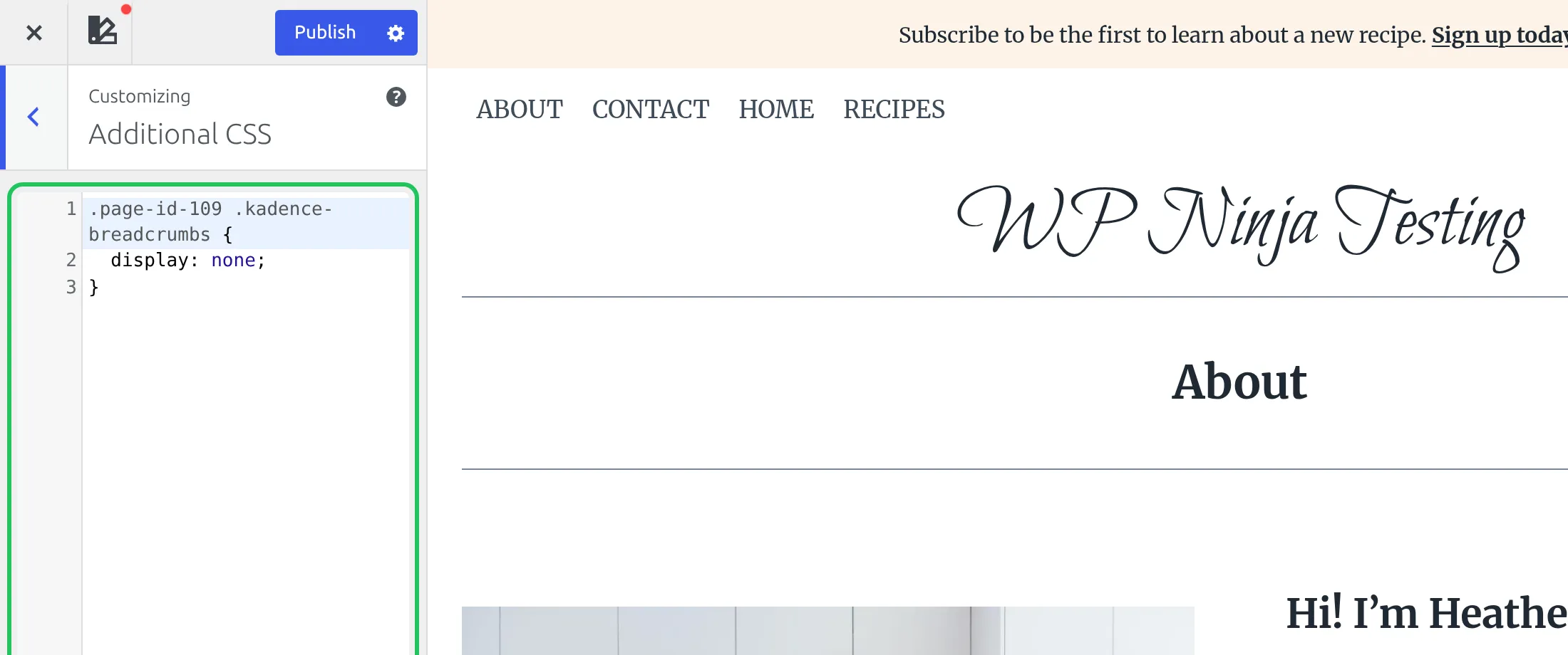 Customizer Additional CSS panel with a rule hiding the Kadence breadcrumb on page 109 and the About page preview showing no breadcrumb
