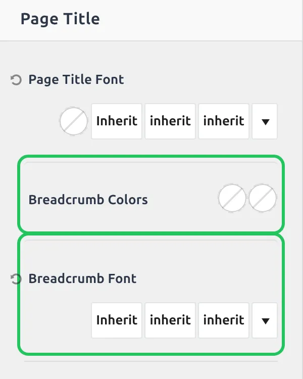 Kadence Page Layout Design tab with the Breadcrumb Colors and Breadcrumb Font controls highlighted