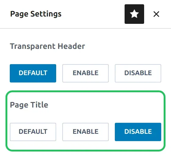Kadence Page Settings panel in the block editor with Page Title set to Disable