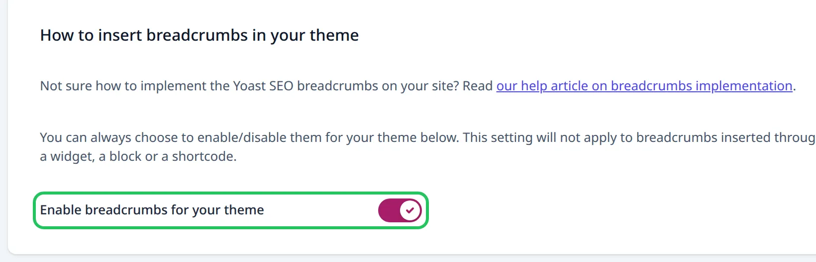 Yoast SEO Settings Advanced Breadcrumbs page with the Enable breadcrumbs for your theme toggle switched on