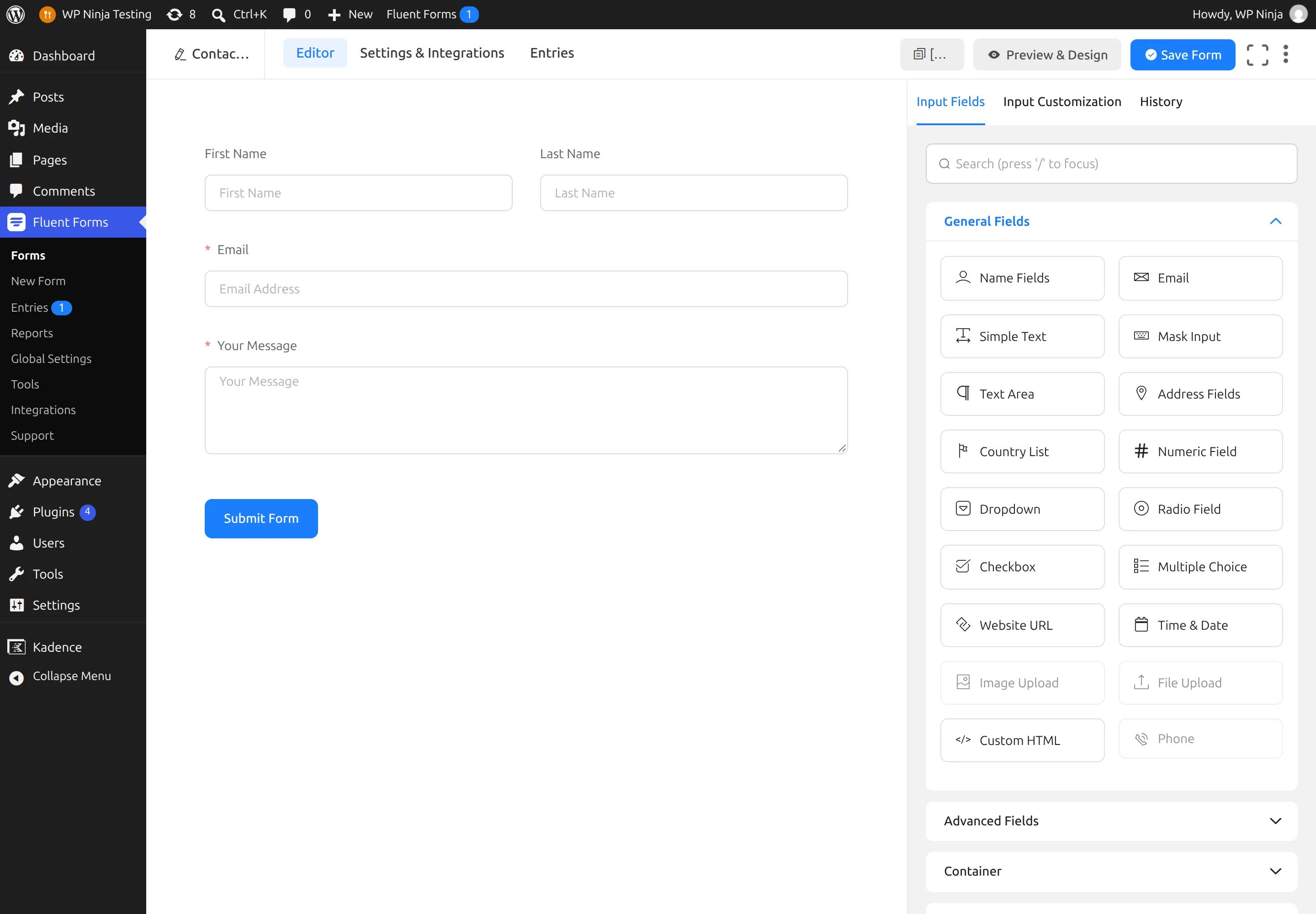 The Fluent Forms builder with the same three fields