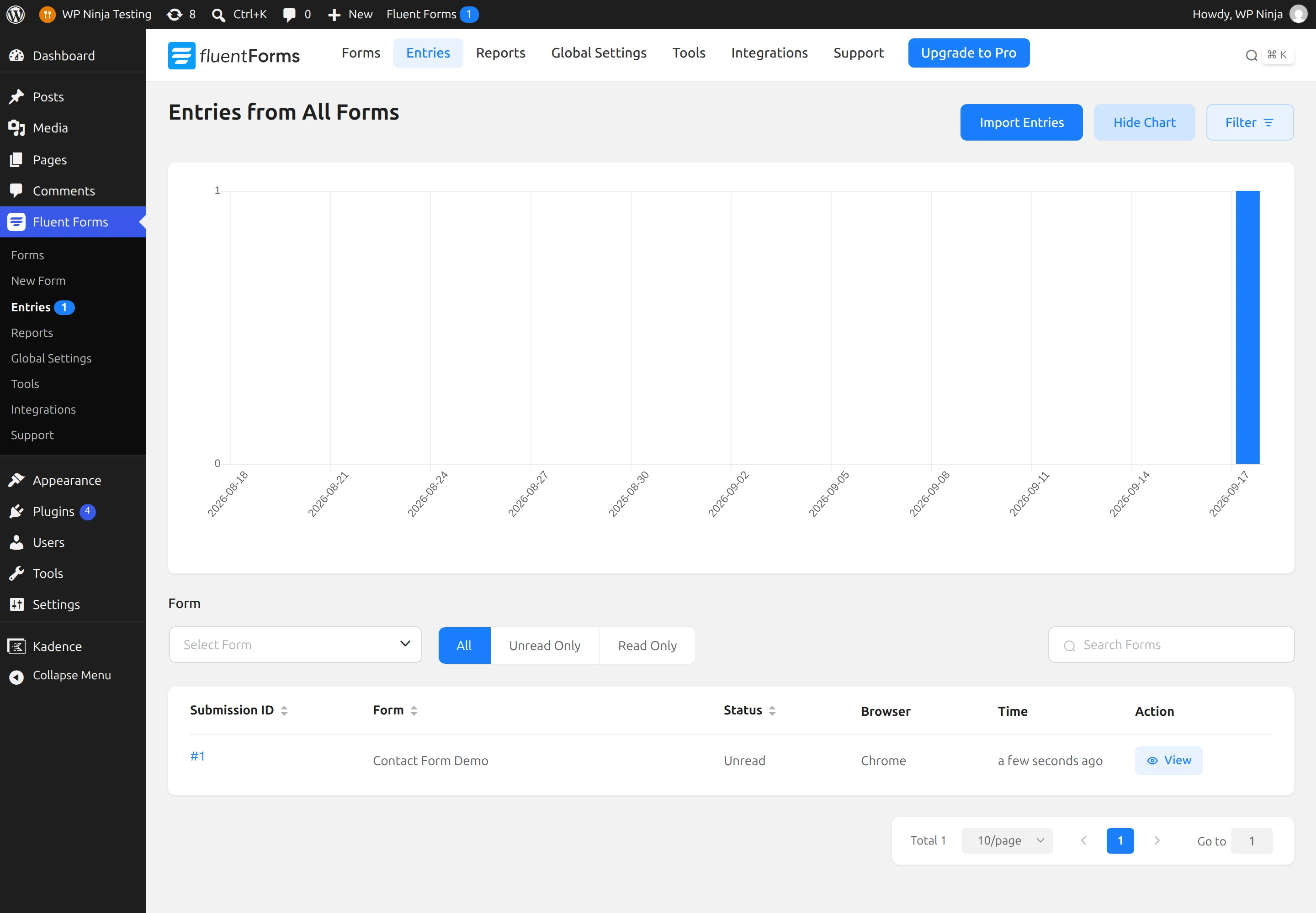 Fluent Forms Entries screen showing the test submission, marked unread