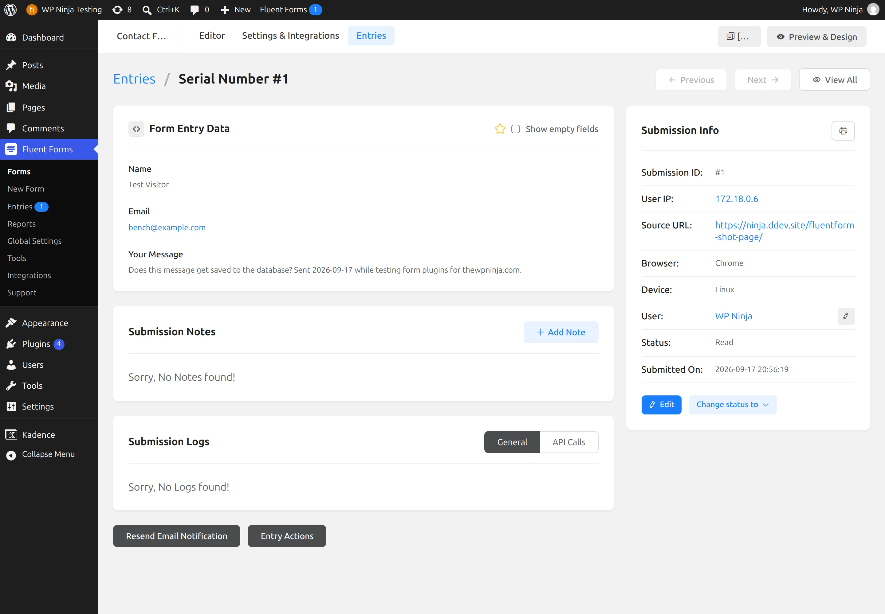 Fluent Forms single entry view with every field broken out