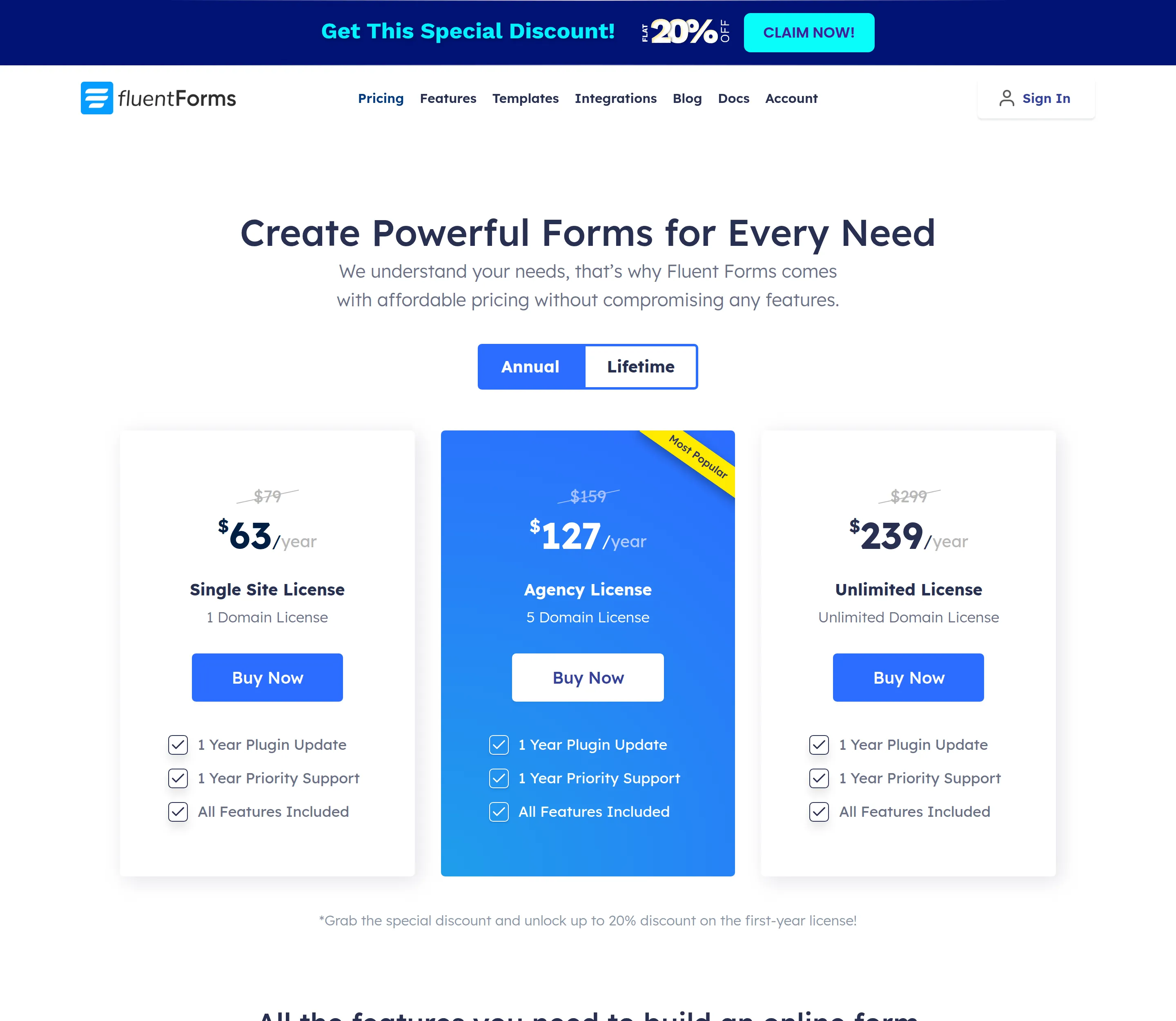 Fluent Forms pricing page, captured with the date