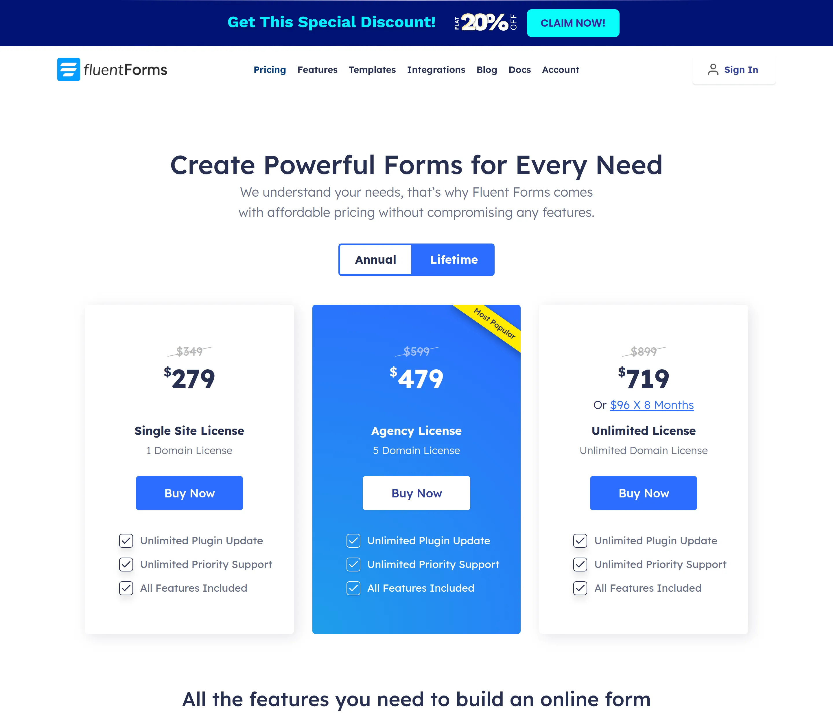 Fluent Forms lifetime pricing tab, captured with the date