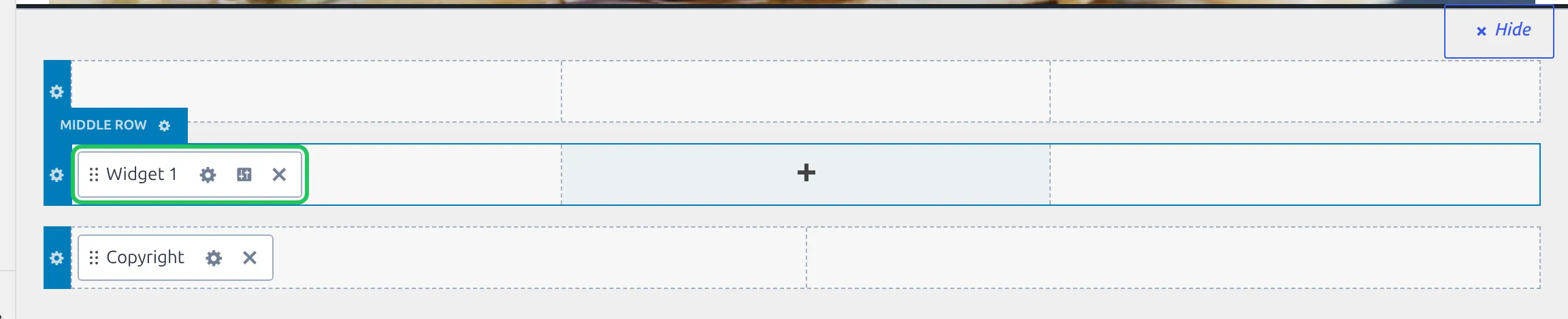 The Kadence footer builder with a Widget 1 block highlighted in the Middle row and the Middle Row label showing