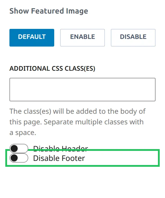 Kadence Page Settings panel in the block editor with the Disable Footer toggle highlighted below Disable Header
