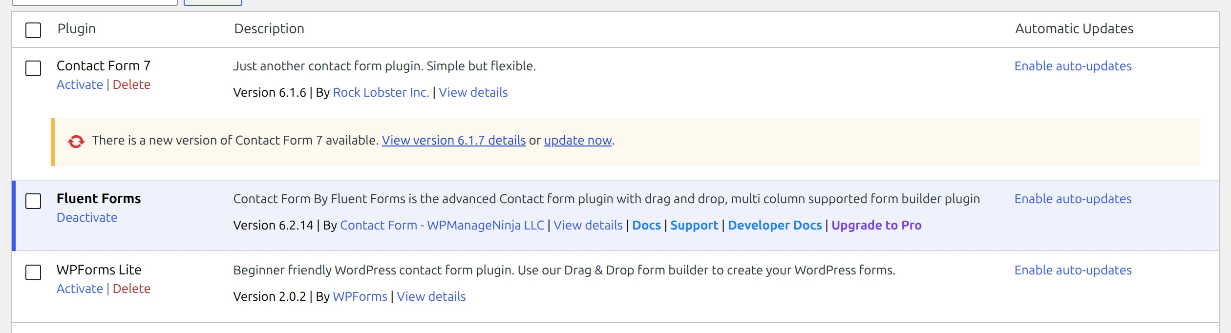 Both plugins and their version numbers on the WordPress Plugins screen