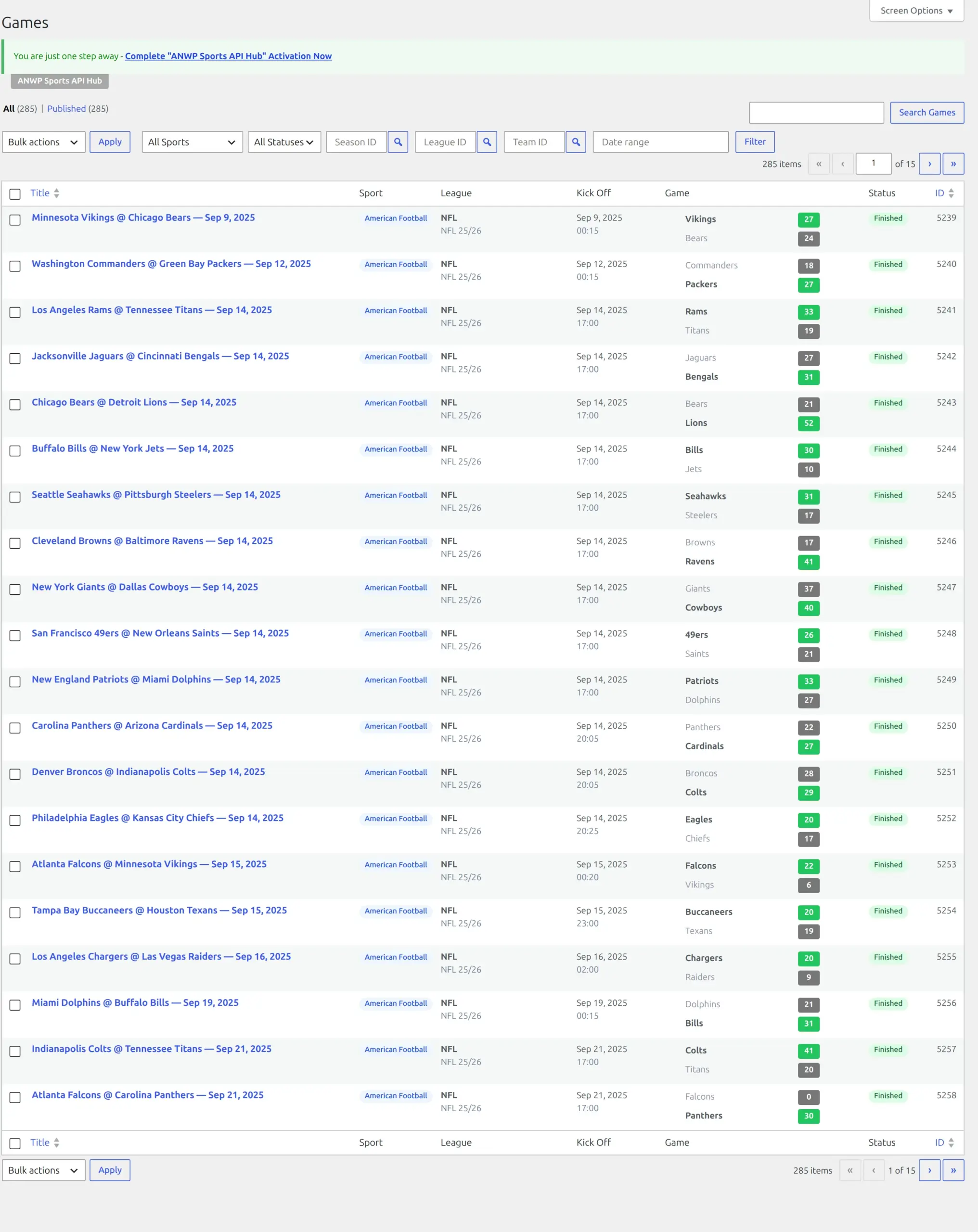 The Games list showing all 285 imported NFL games