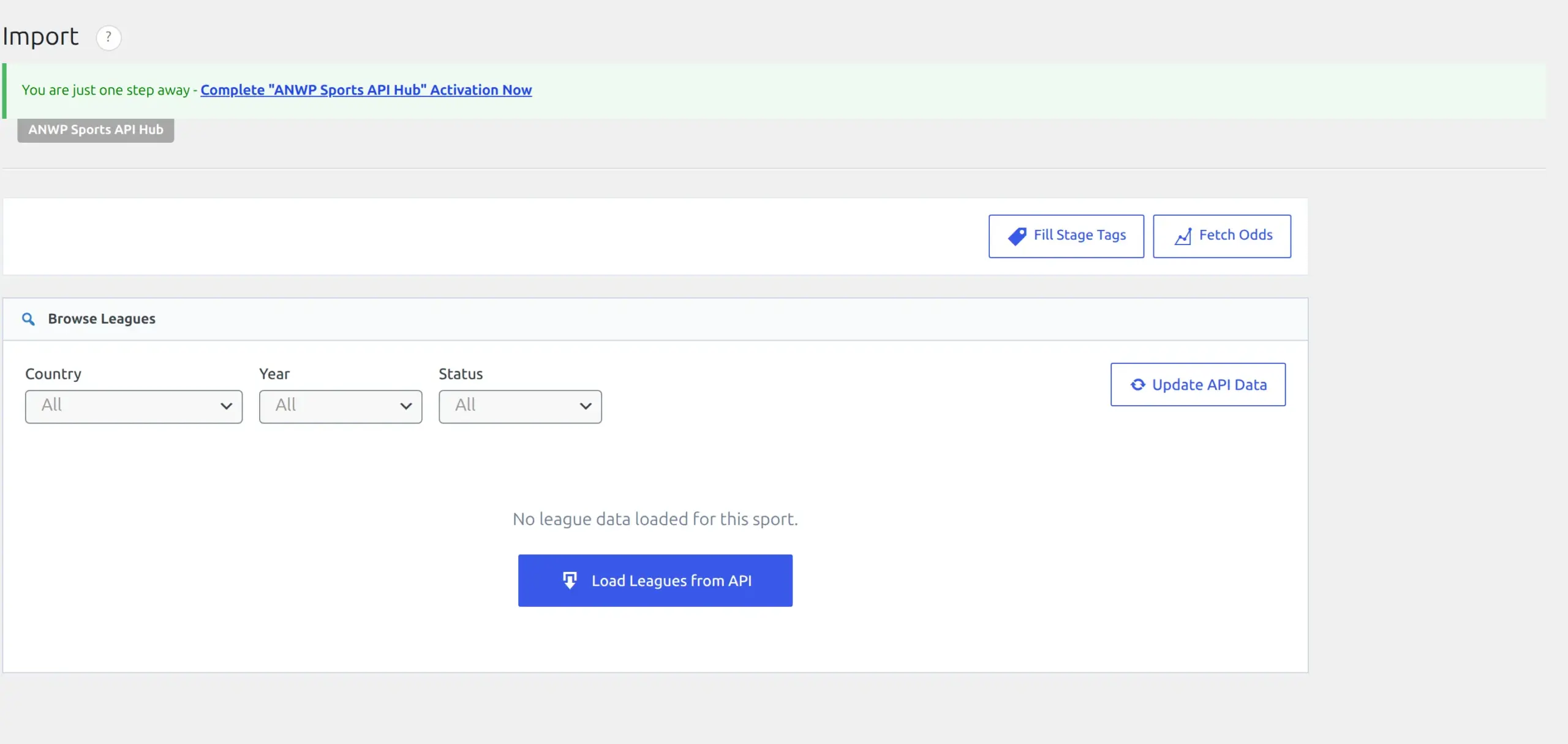 The Import screen with the NFL 2025/26 season selected