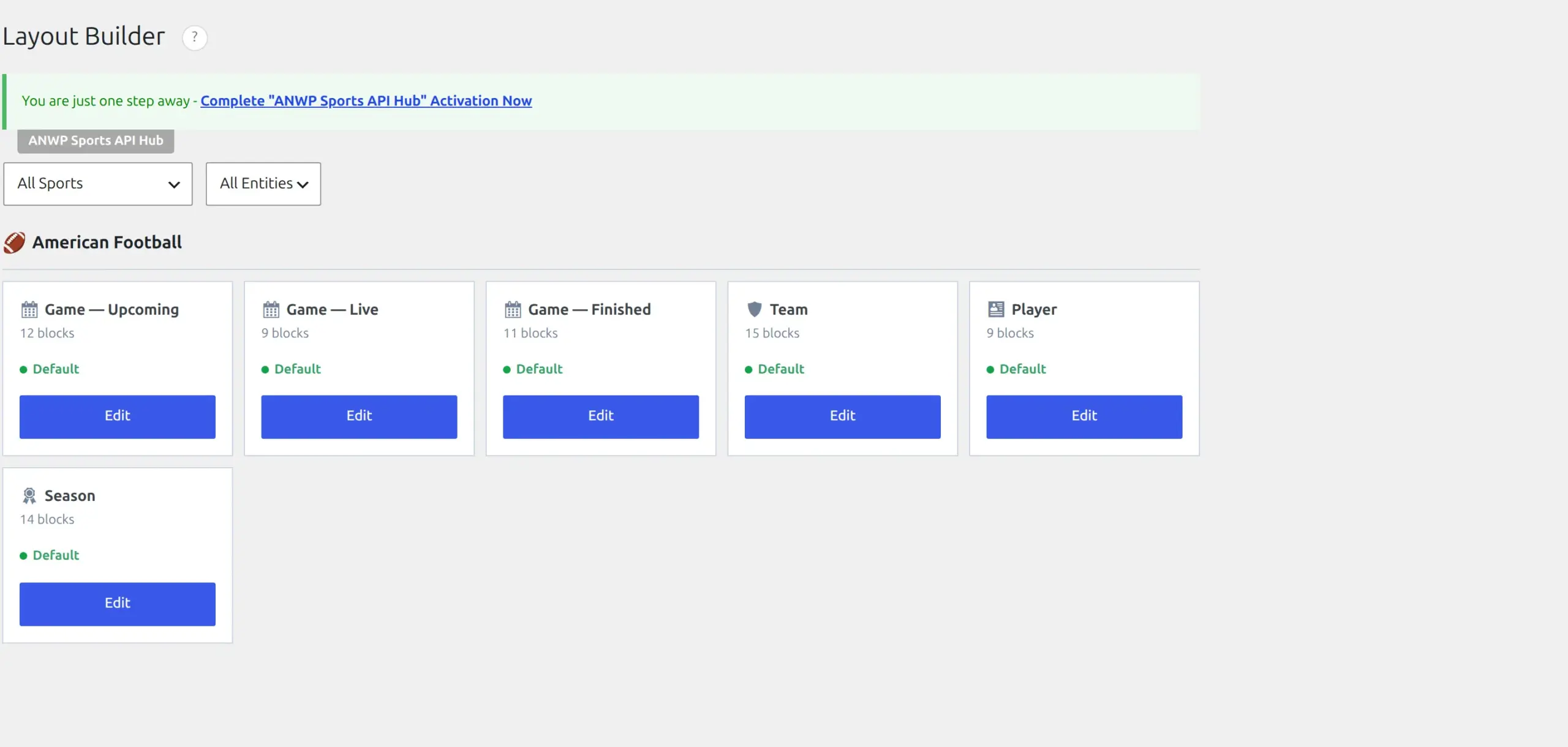 The Layout Builder showing the American Football layouts