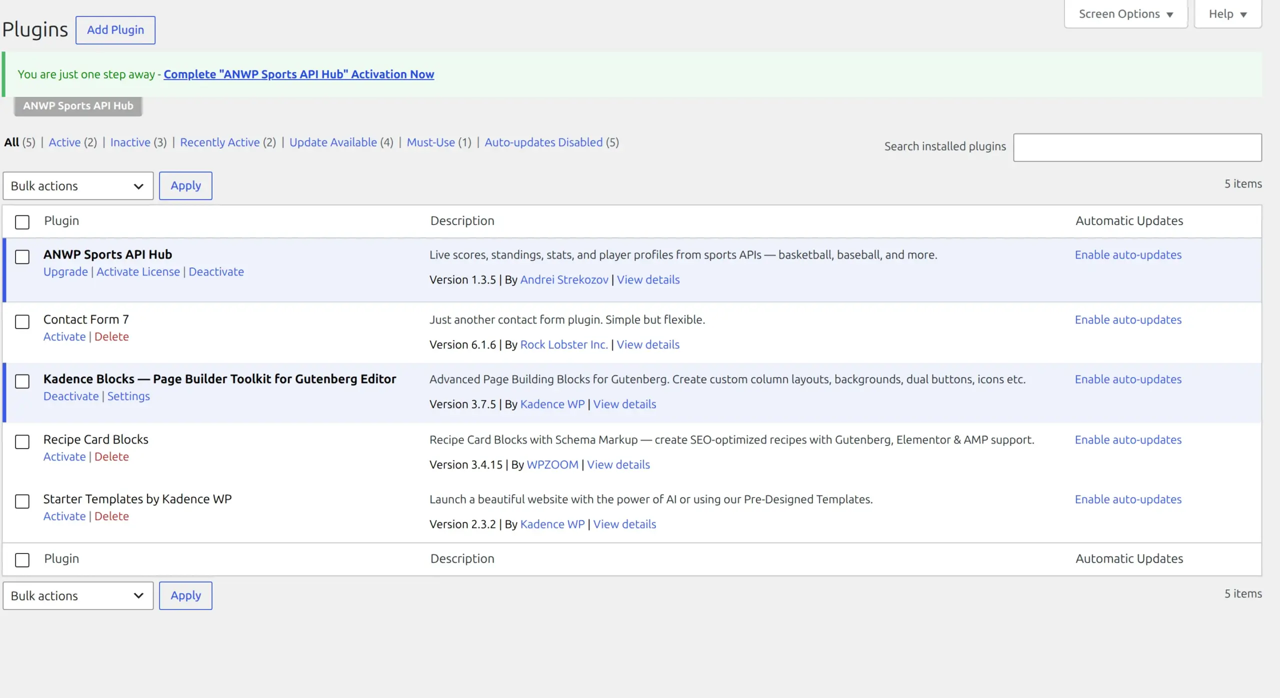 The Plugins screen with the Sports API Hub licensing panel