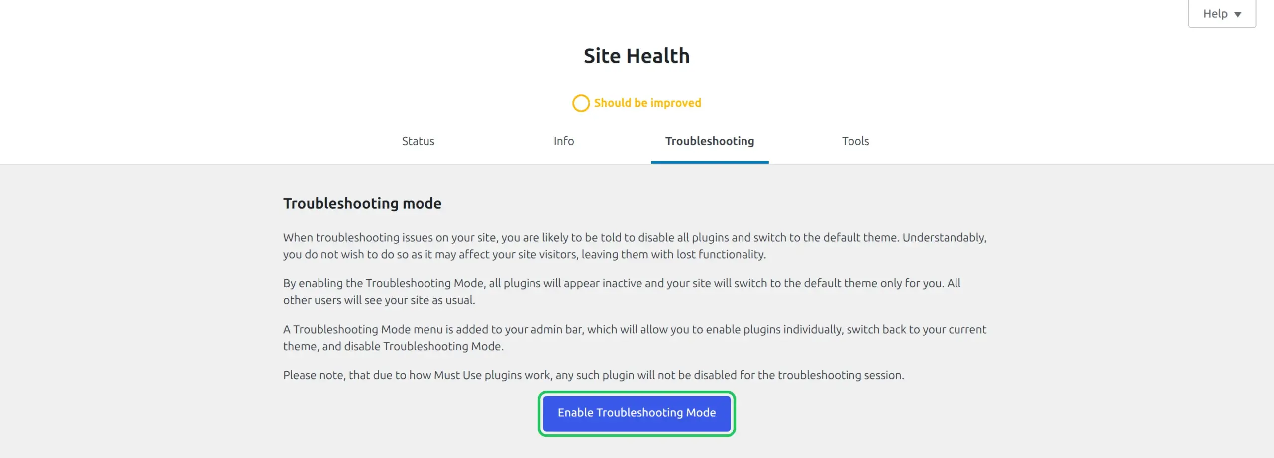The Troubleshooting tab in Tools Site Health with the Enable Troubleshooting Mode button highlighted