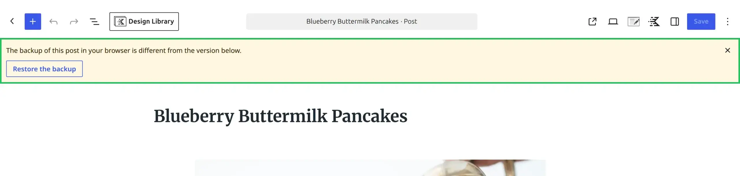 Block editor notice saying the backup of this post in your browser is different, with a Restore the backup button