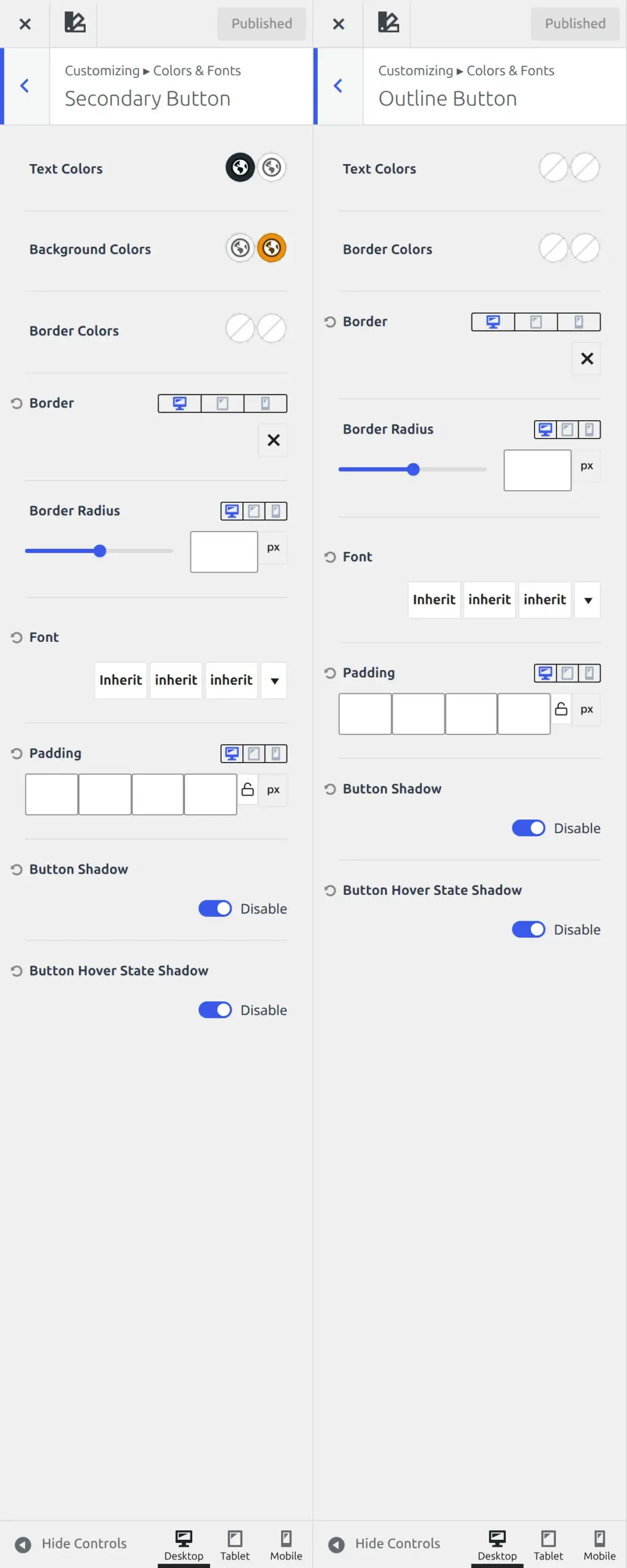 The Secondary Button section beside the Outline Button section
