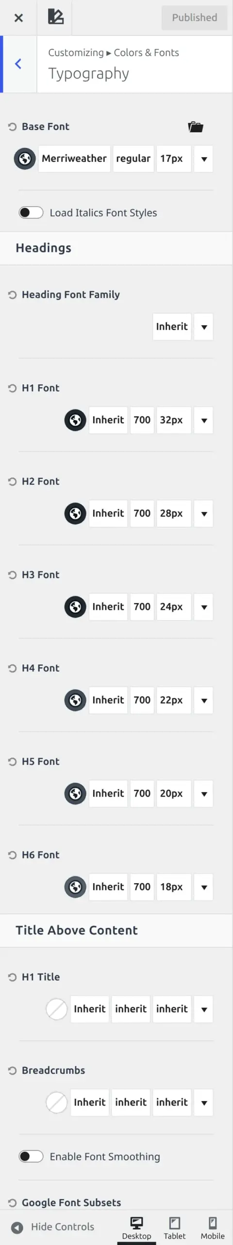 The Typography section with the Base Font control expanded