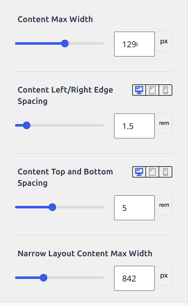 Kadence Customizer General Layout section with Content Max Width and Narrow Layout Content Max Width sliders