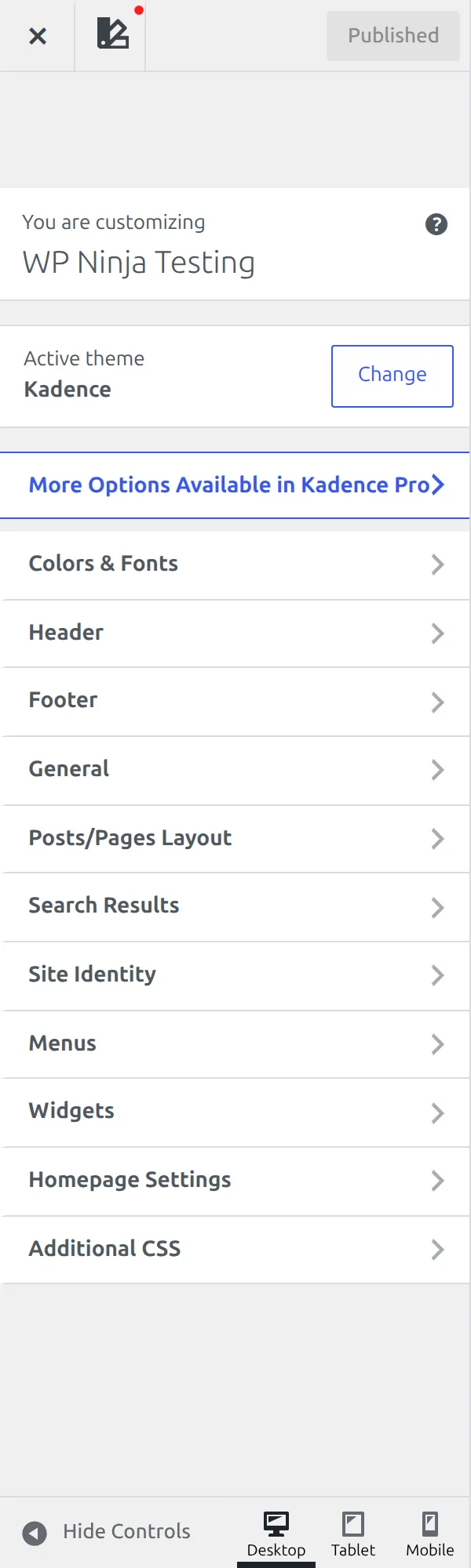 The Kadence Customizer control column showing all top level panels