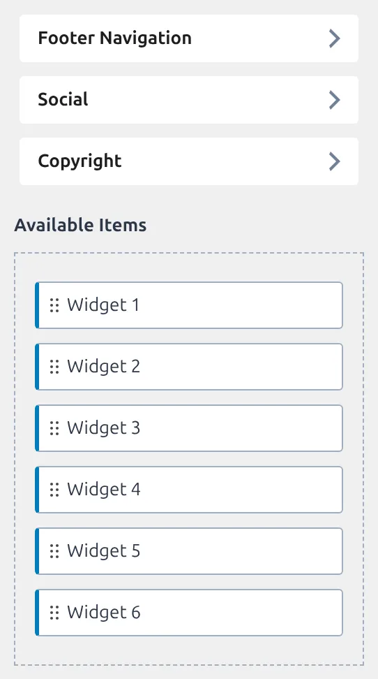 The footer builder Available Items tray with the unplaced components waiting in it