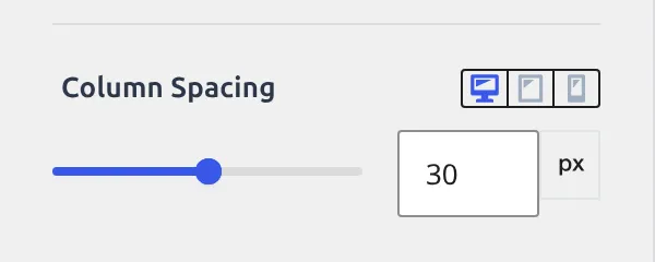The Column Spacing slider on the Footer Middle row showing 30px