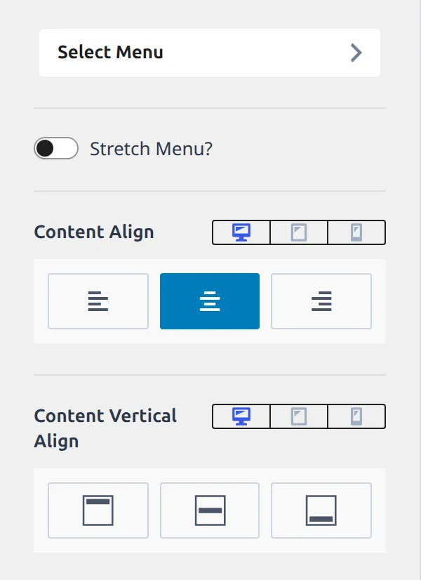The Footer Navigation General tab showing Select Menu and Stretch Menu