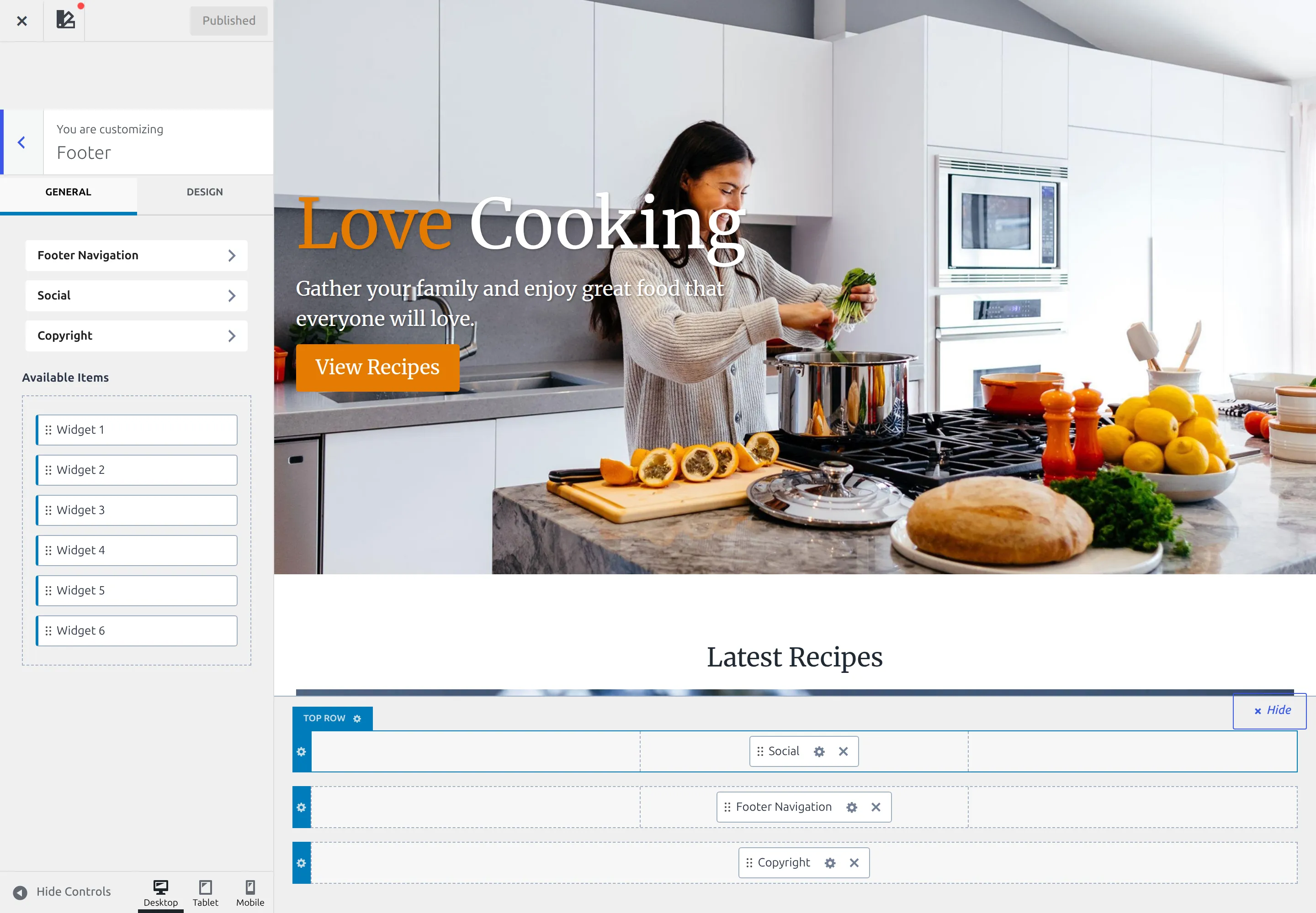 The Kadence Footer panel with the row builder docked below the preview