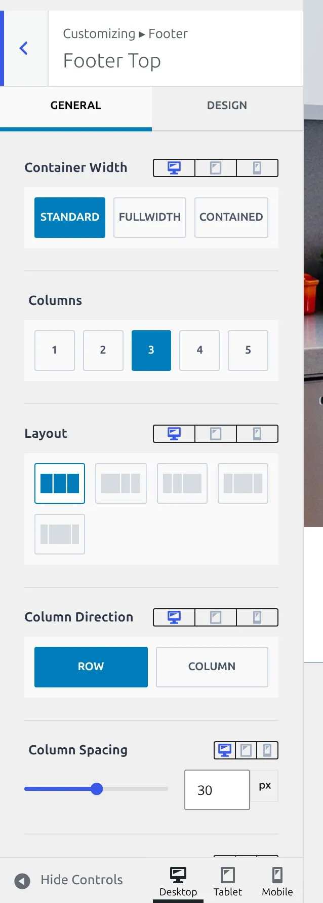 The Footer Top row settings opened from the gear on the row